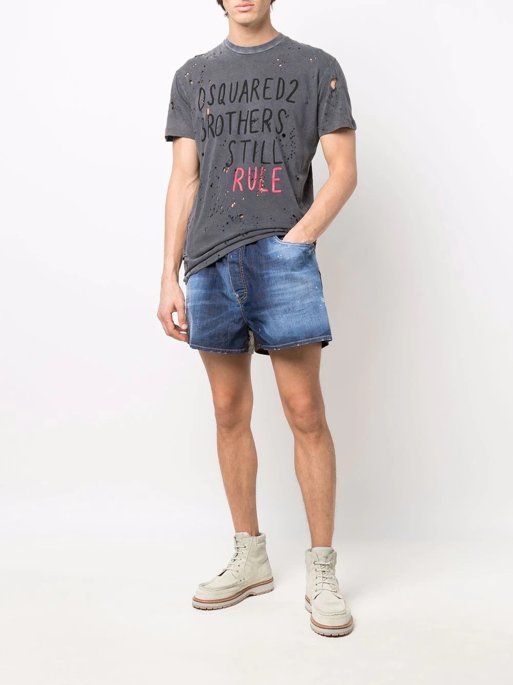 distressed panelled denim shorts - 2