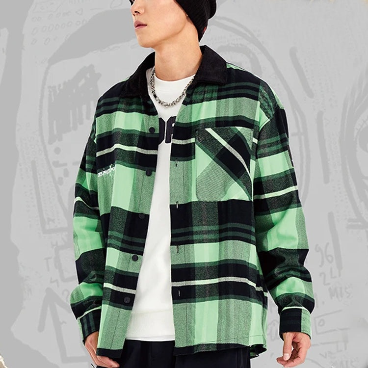 Li-Ning BADFIVE Sports Basketball Series Plaid Loose Fleece Lined Long Sleeves Shirt 'Green' ASHS005 - 3