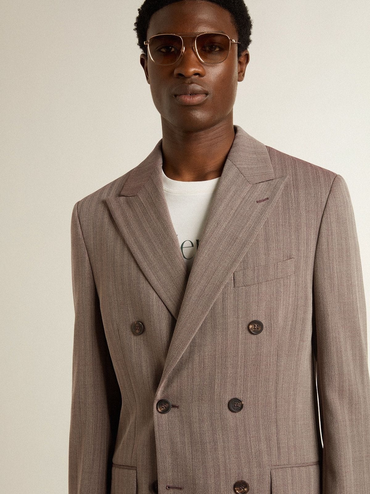 Men's beige chevron wool blend double-breasted blazer - 5