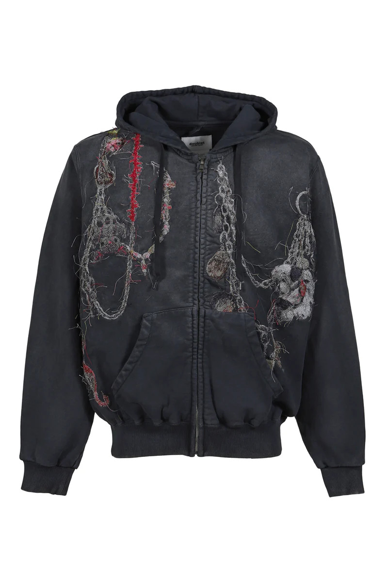 Embroidered Chain Zip-Up Hoodie - 1
