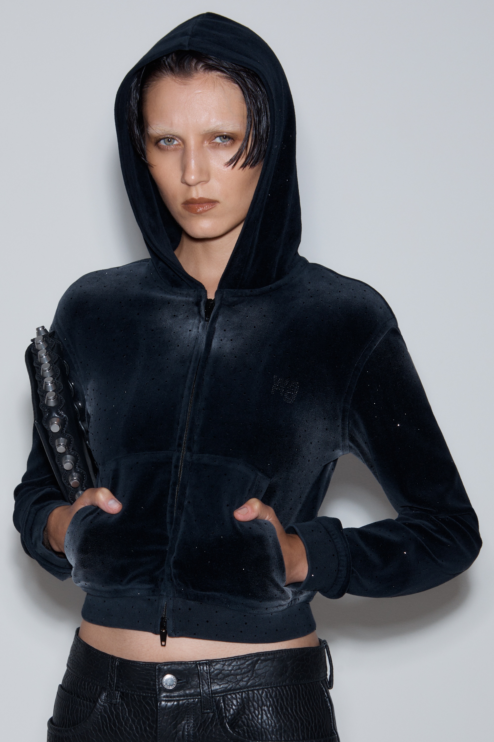 Hoodie with Clear Bead Hotfix in Crushed Velour - 6