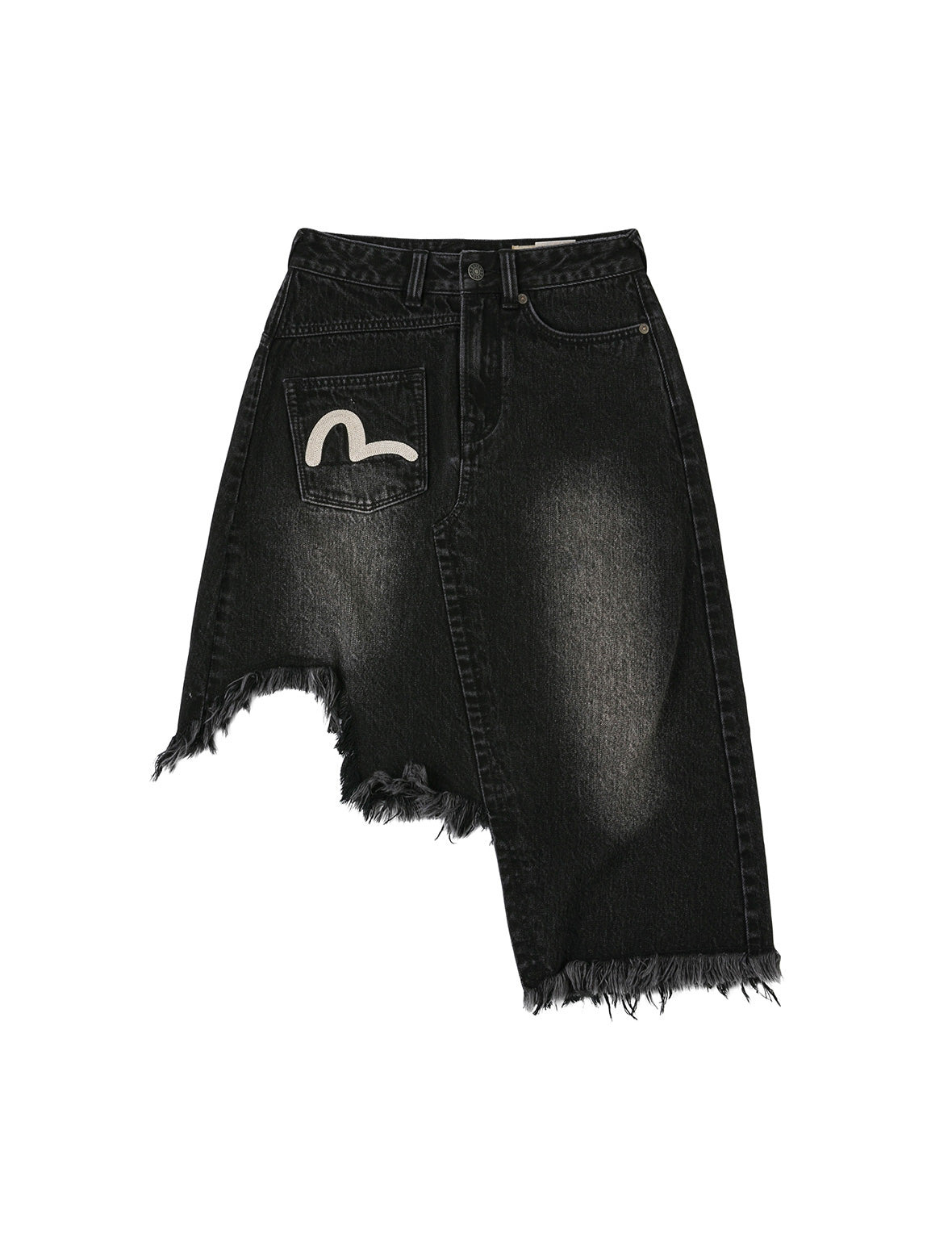 Seagull and Slogan Embroidery Regular Fit Distressed Washed Denim Skirt - 10