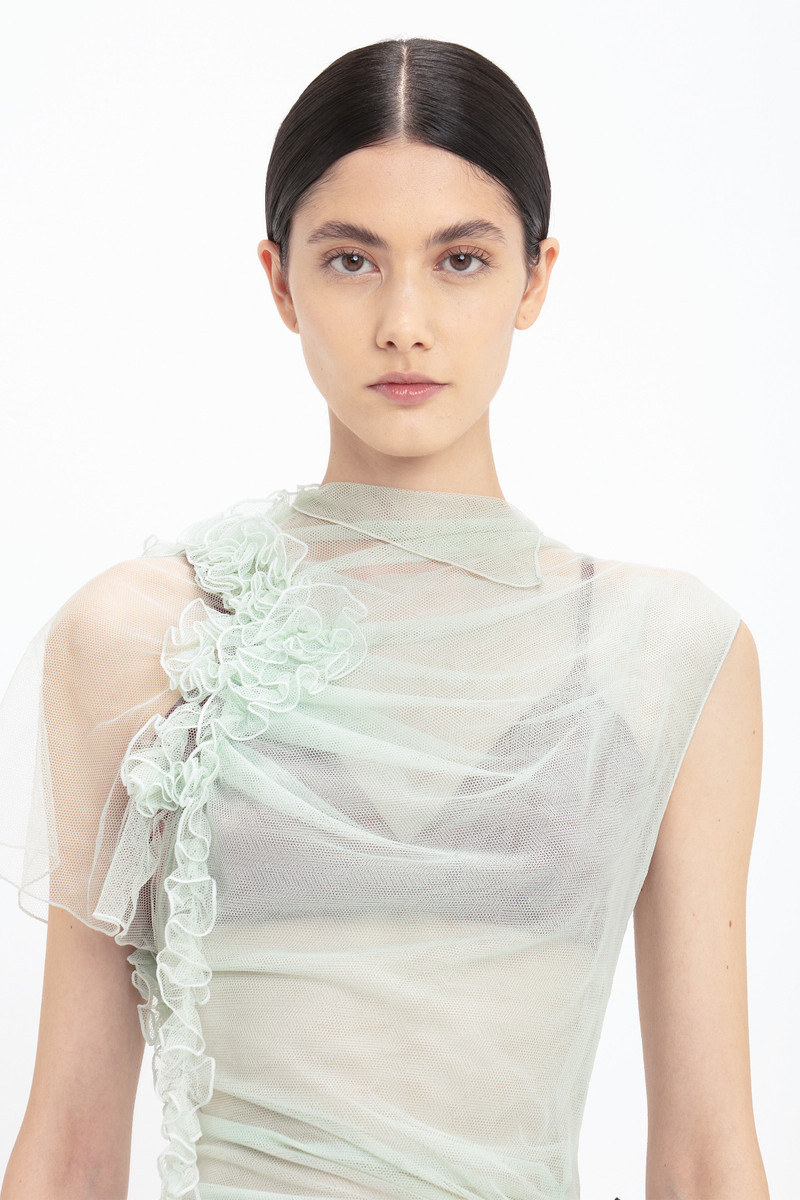 Gathered Tulle Detail Floor-Length Dress In Jade 5