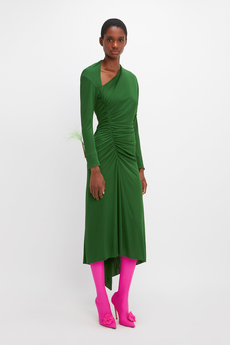 Asymmetric Ruched Midi Dress in Green 3