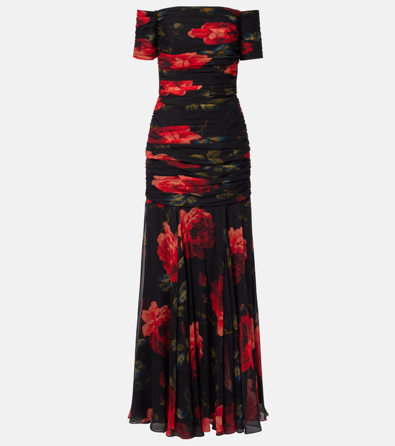 Floral ruched off-shoulder silk chiffon gown 1