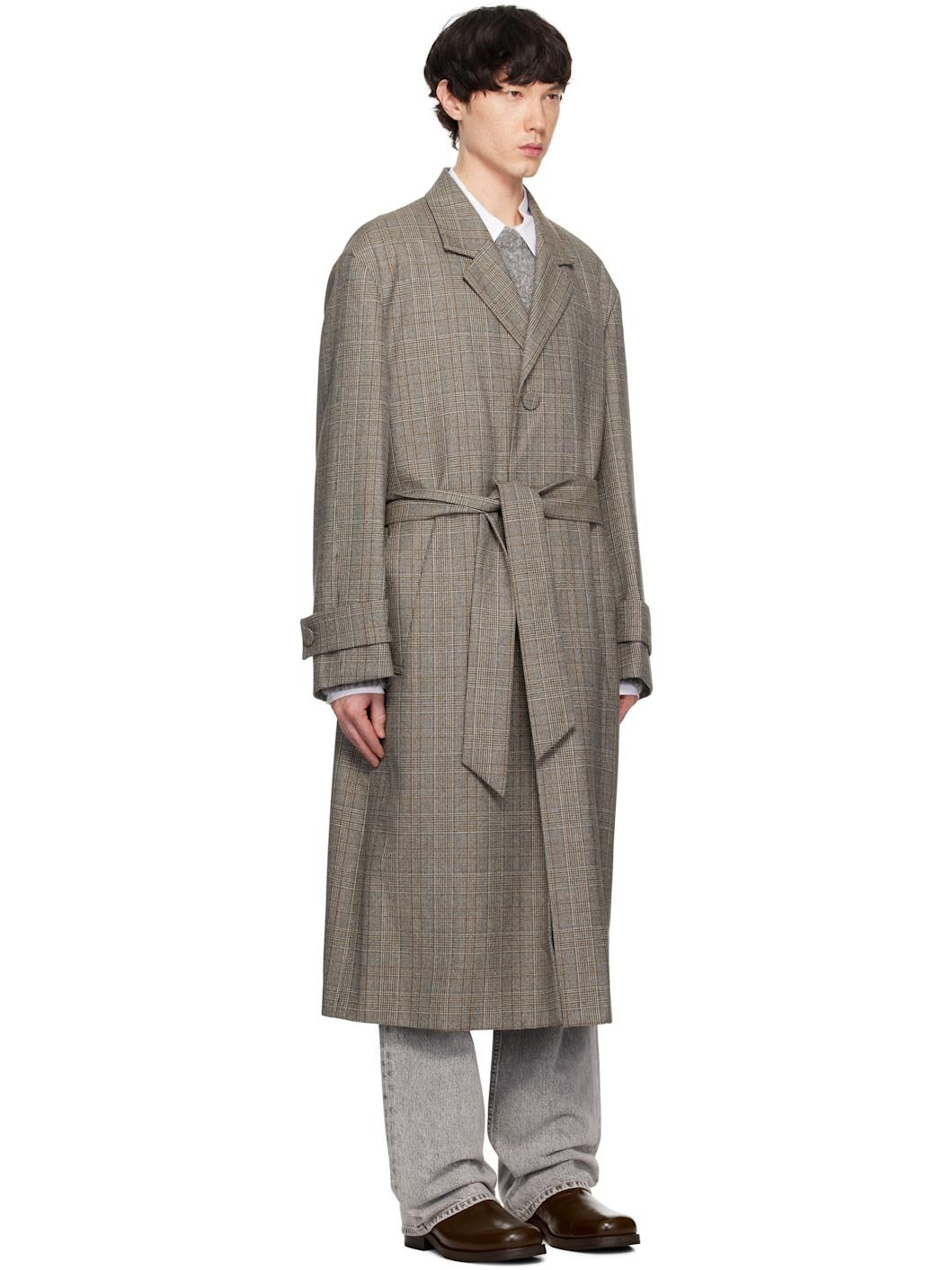 Beige Check Belted Single Coat - 2