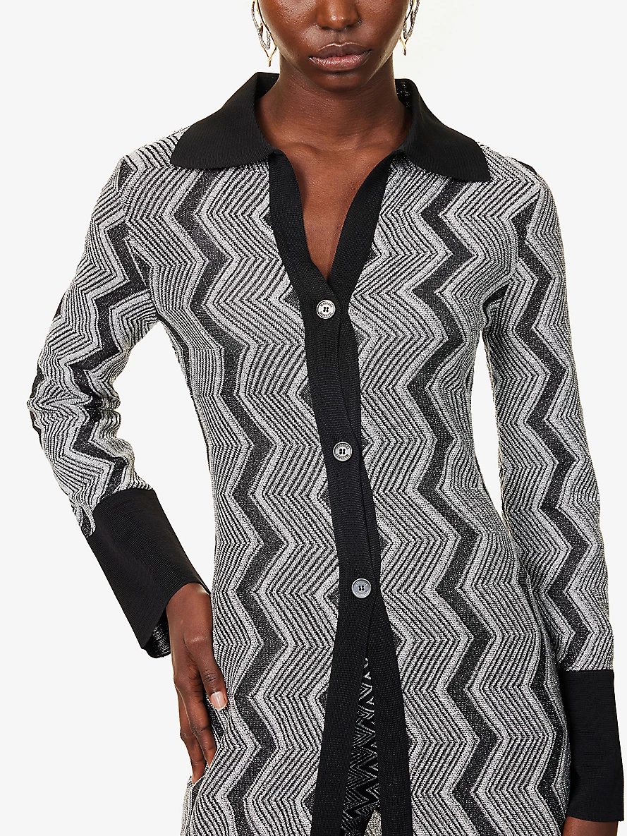 Chevron-pattern long metallic knitted cardigan - 5
