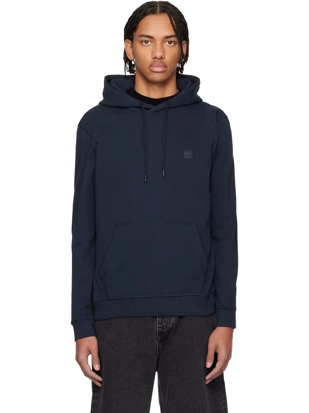 Navy Cotton Terry Logo-Patch Hoodie - 1