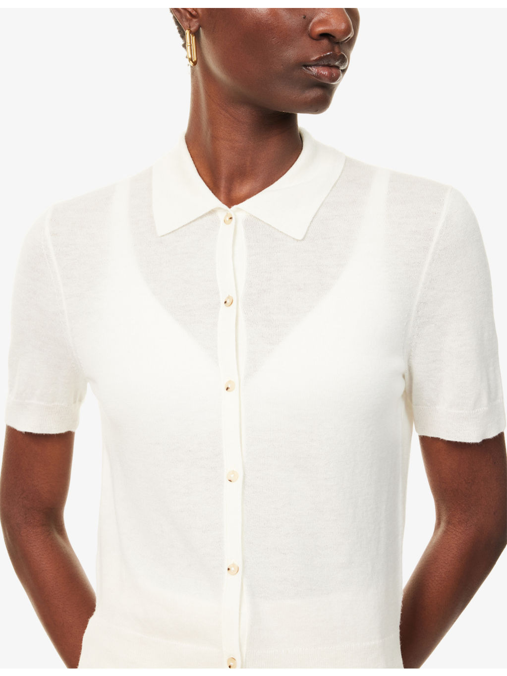 Polo-Collar Short-Sleeves Wool-Blend Top - 5