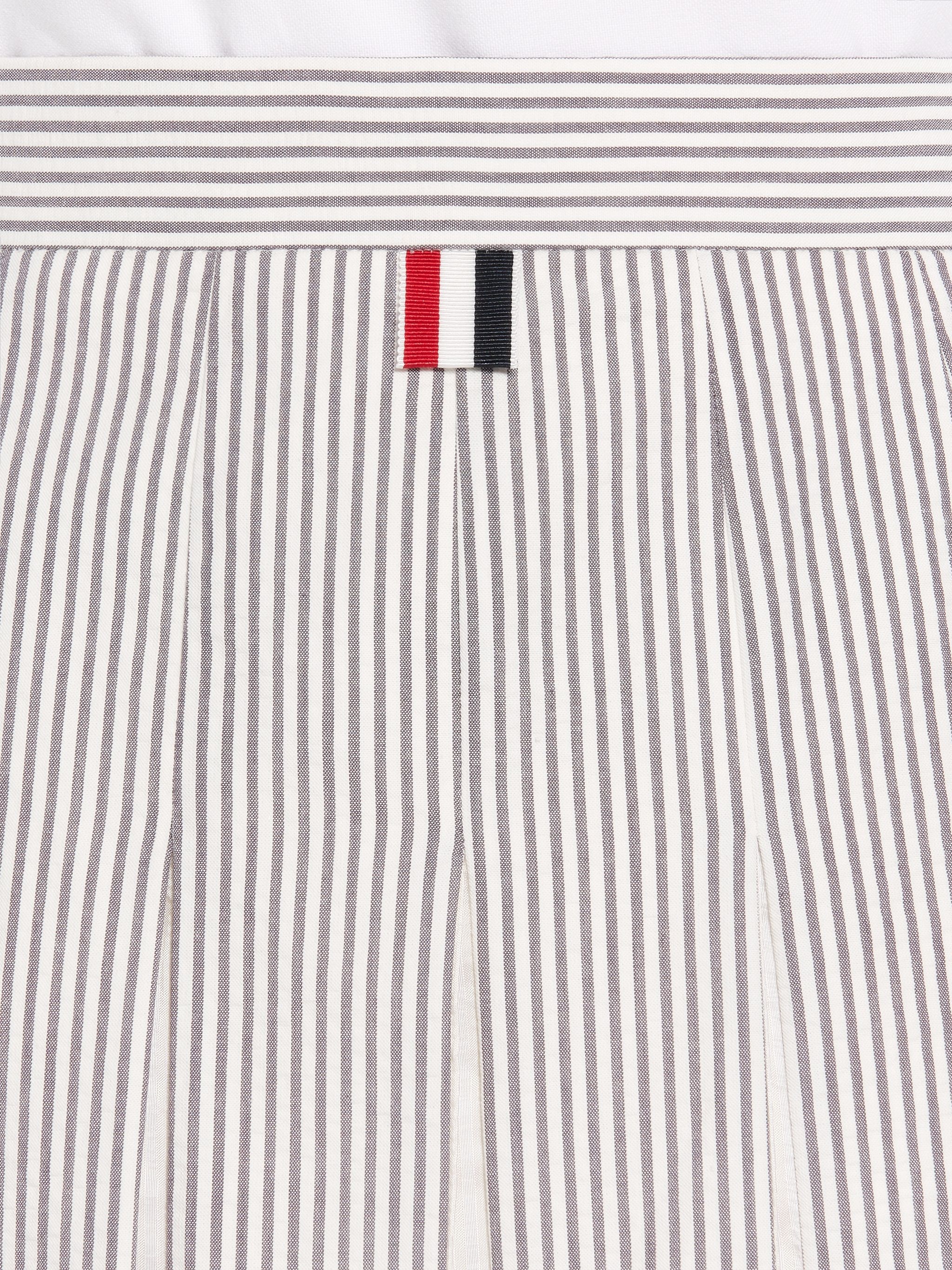Medium Grey Cotton Seersucker Grosgrain 4-Bar Intarsia Stripe Below Knee Pleated Skirt - 6