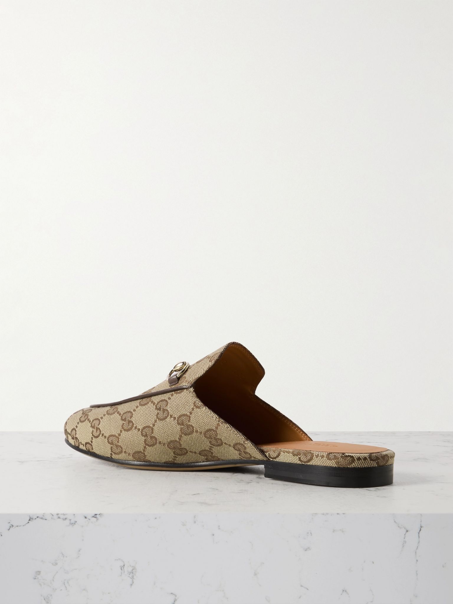 Princetown horsebit-detailed leather-trimmed canvas-jacquard slippers Beige - 3