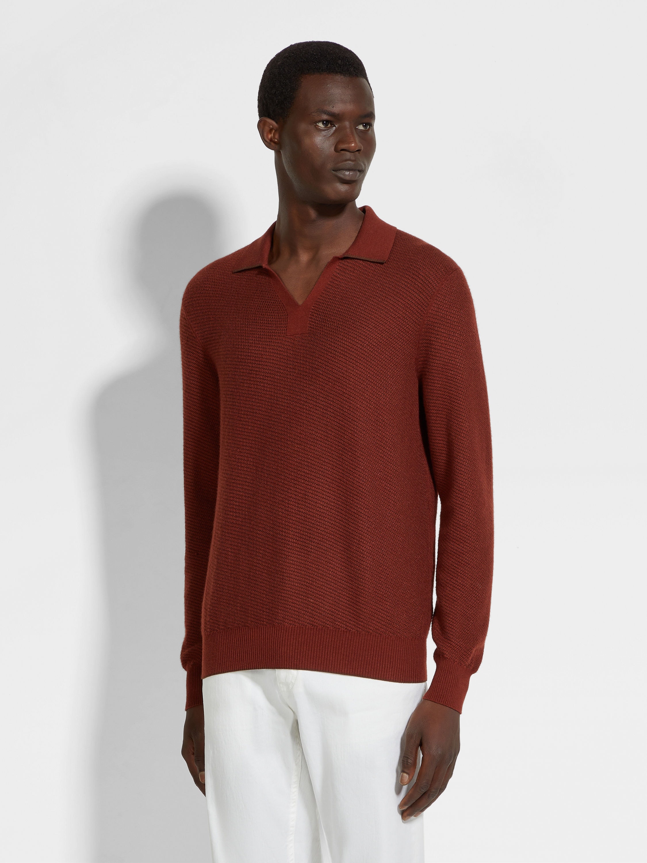 BRICK RED SILK AND CASHMERE POLO SHIRT - 4