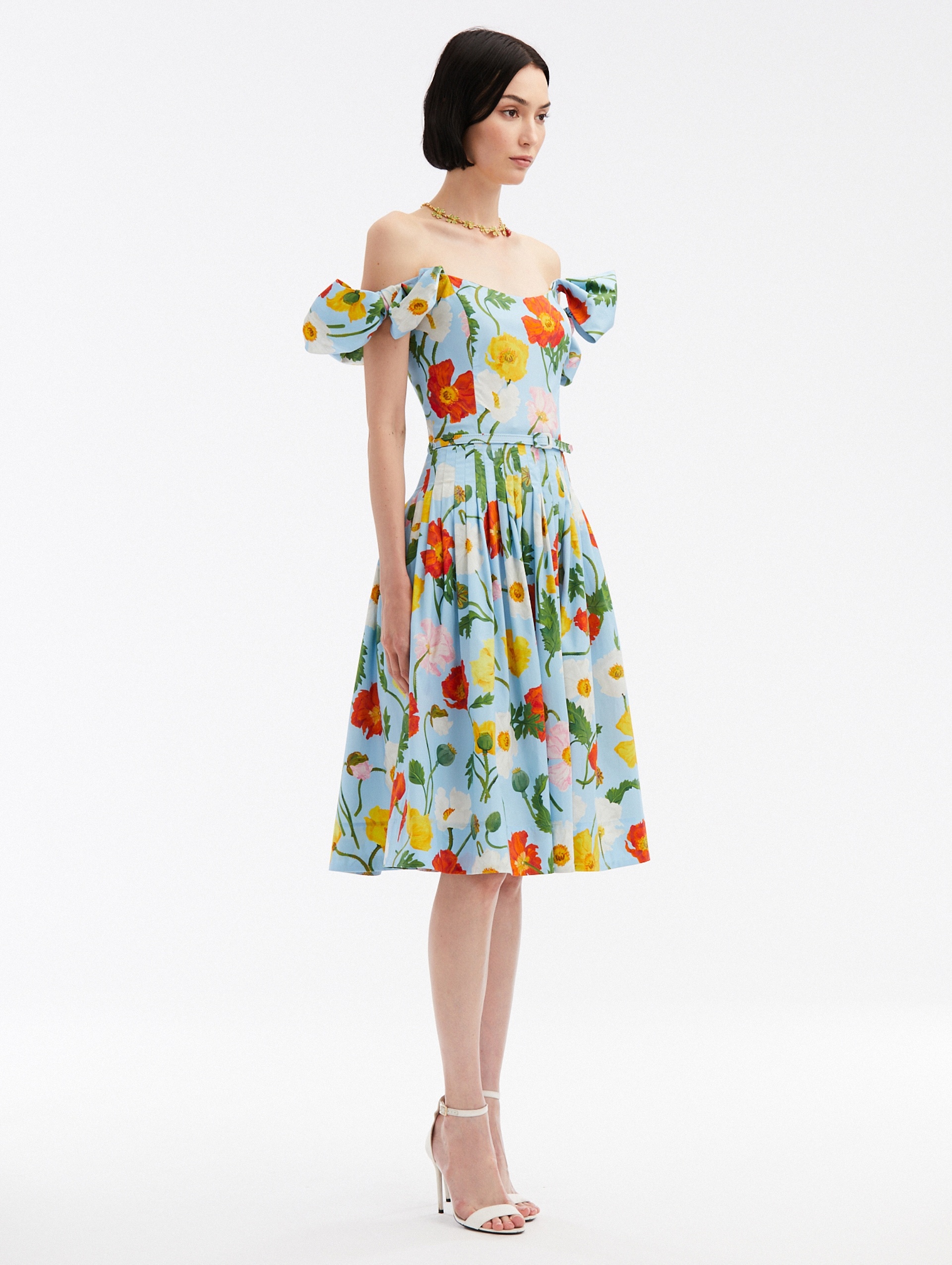 PAINTED POPPIES COTTON POPLIN OFF SHOULDER DRESS - 3