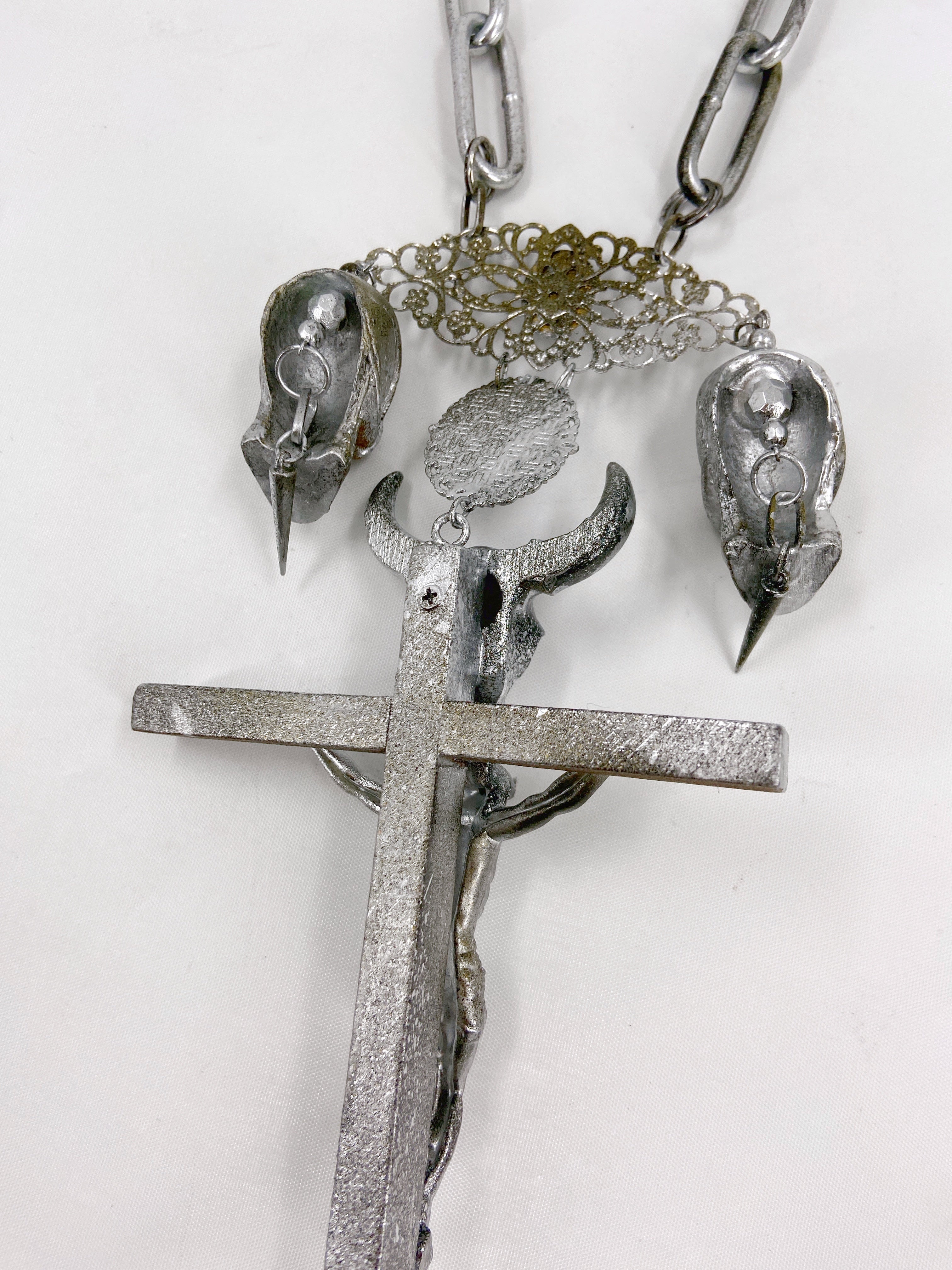 Jean Paul Gaultier 90S Sample 1/1 XXL Silver Crucifix Cross Bull Skull Spiked Chain Necklace - 16
