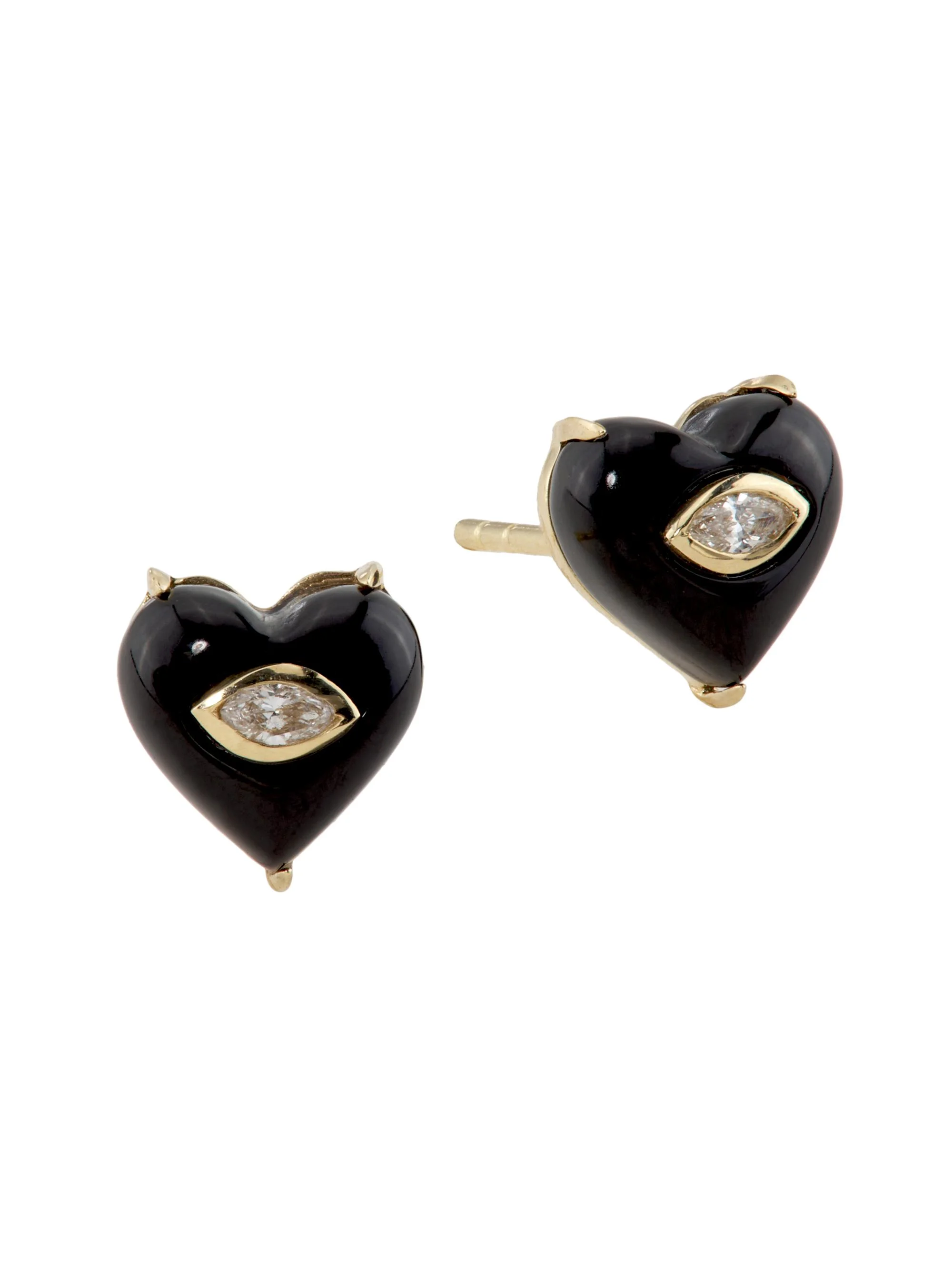 Women's 14K Yellow Gold, Onyx & 0.07 TCW Diamond Heart Stud Earrings - Black - 1