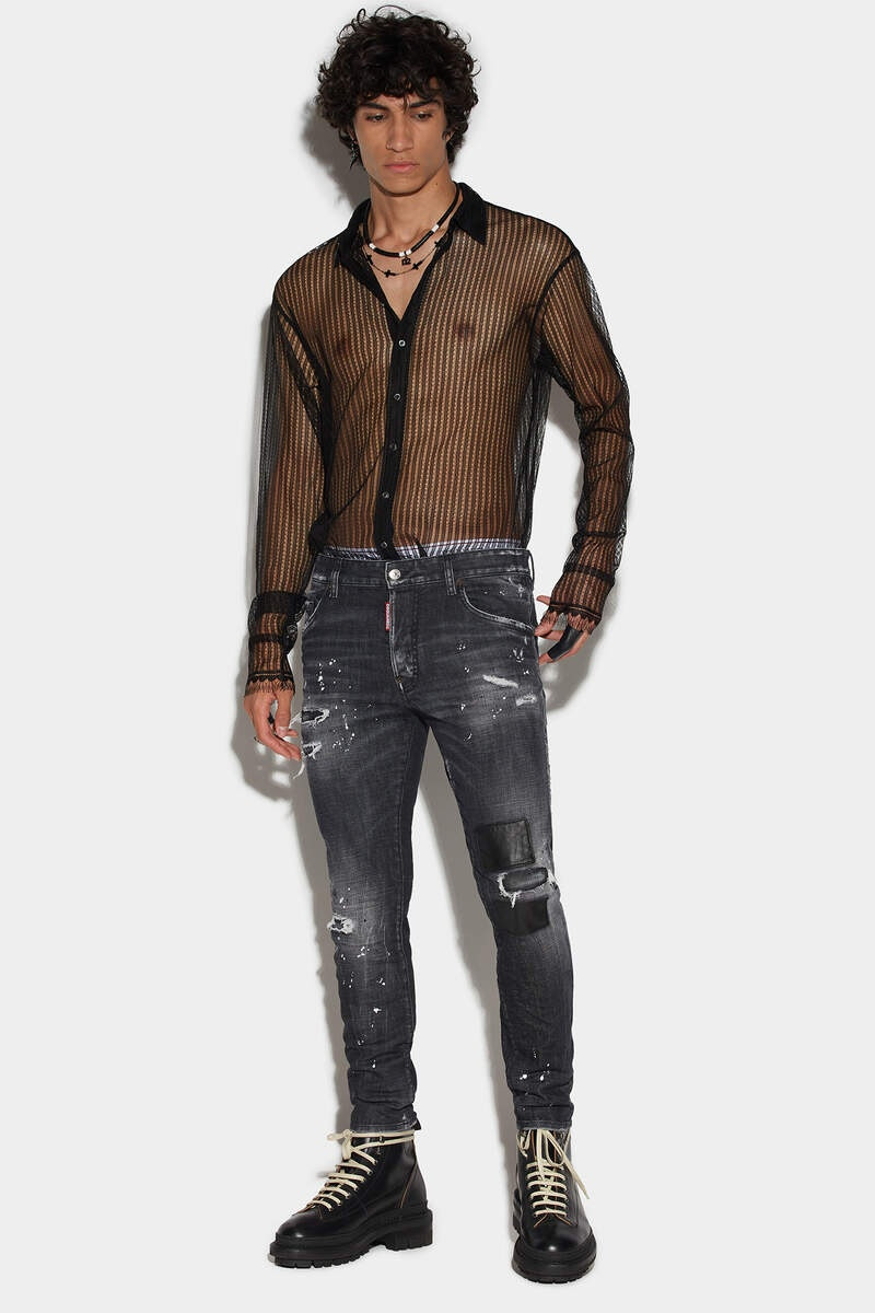BLACK RIPPED LEATHER WASH SKATER JEANS - 1