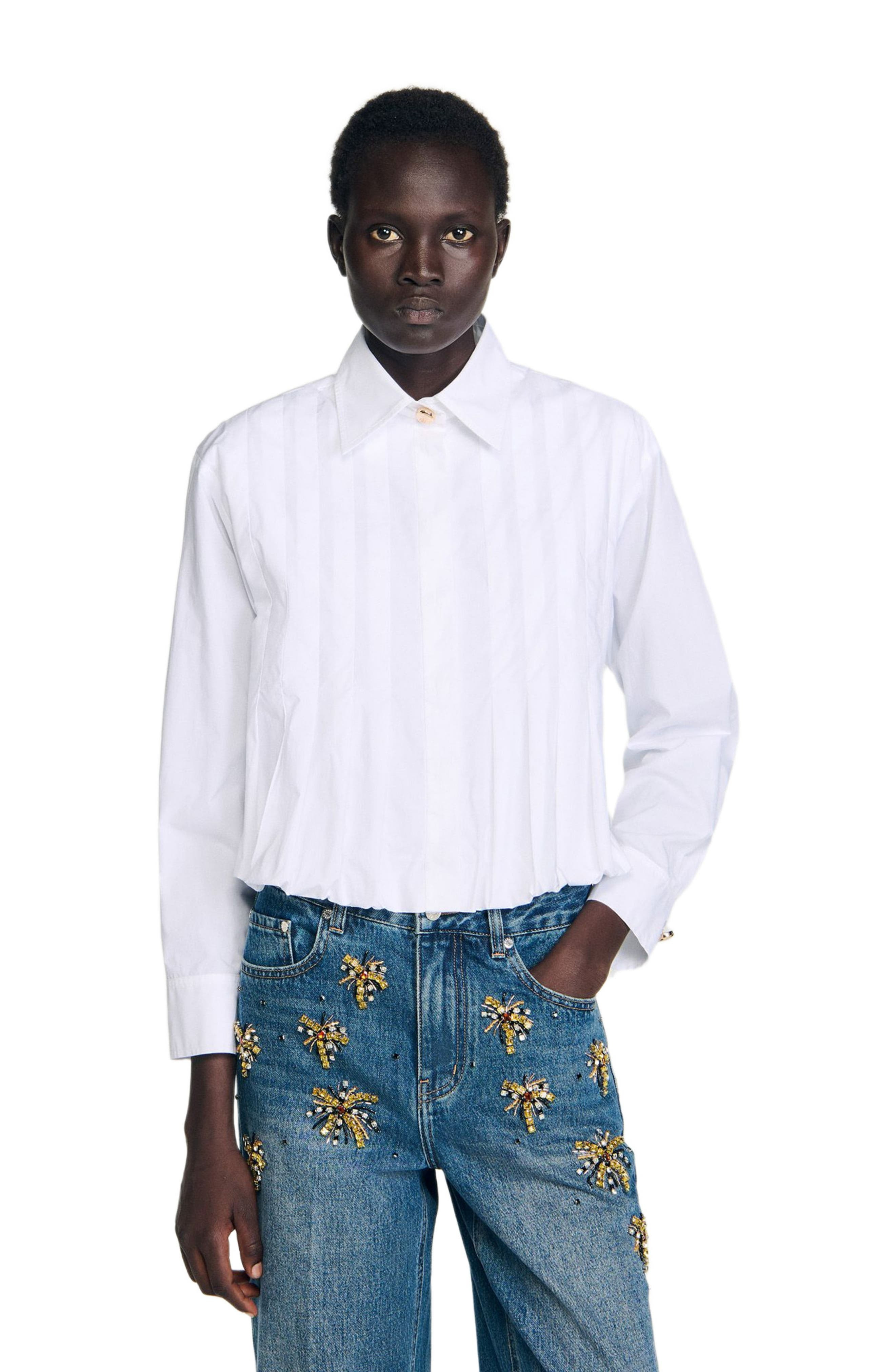 SANDRO Pleated cropped shirt in White at Nordstrom - 3