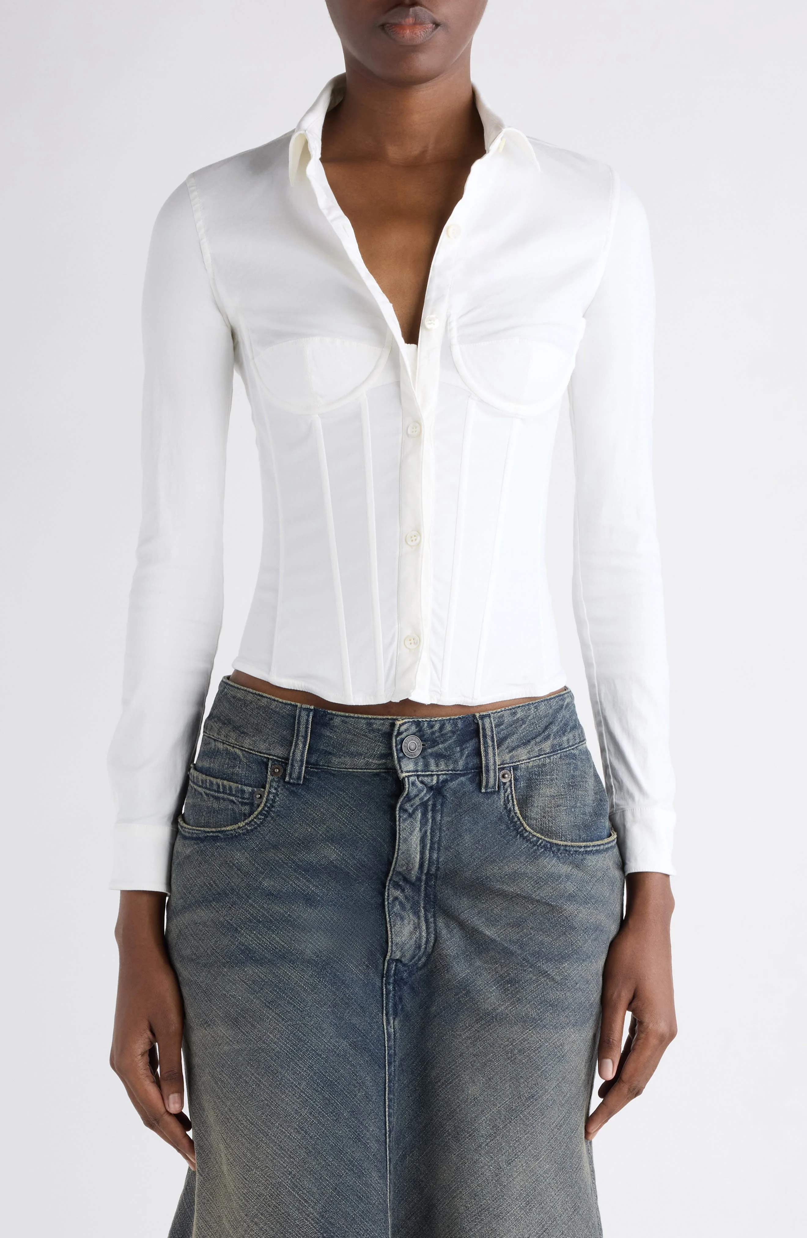 Balenciaga Corseted Stretch Poplin Button-Up Shirt in 9000 White at Nordstrom - 1
