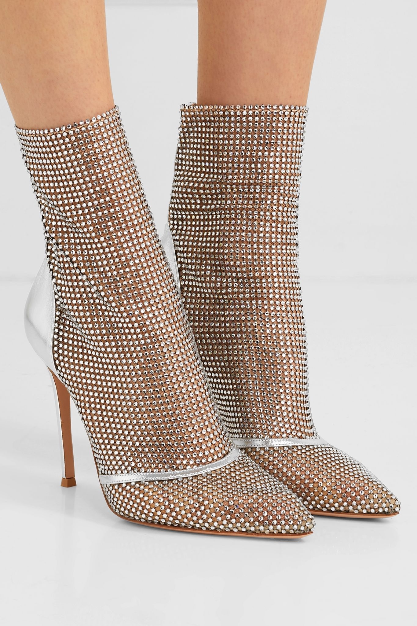 105 crystal-embellished metallic leather and mesh ankle boots  - 2