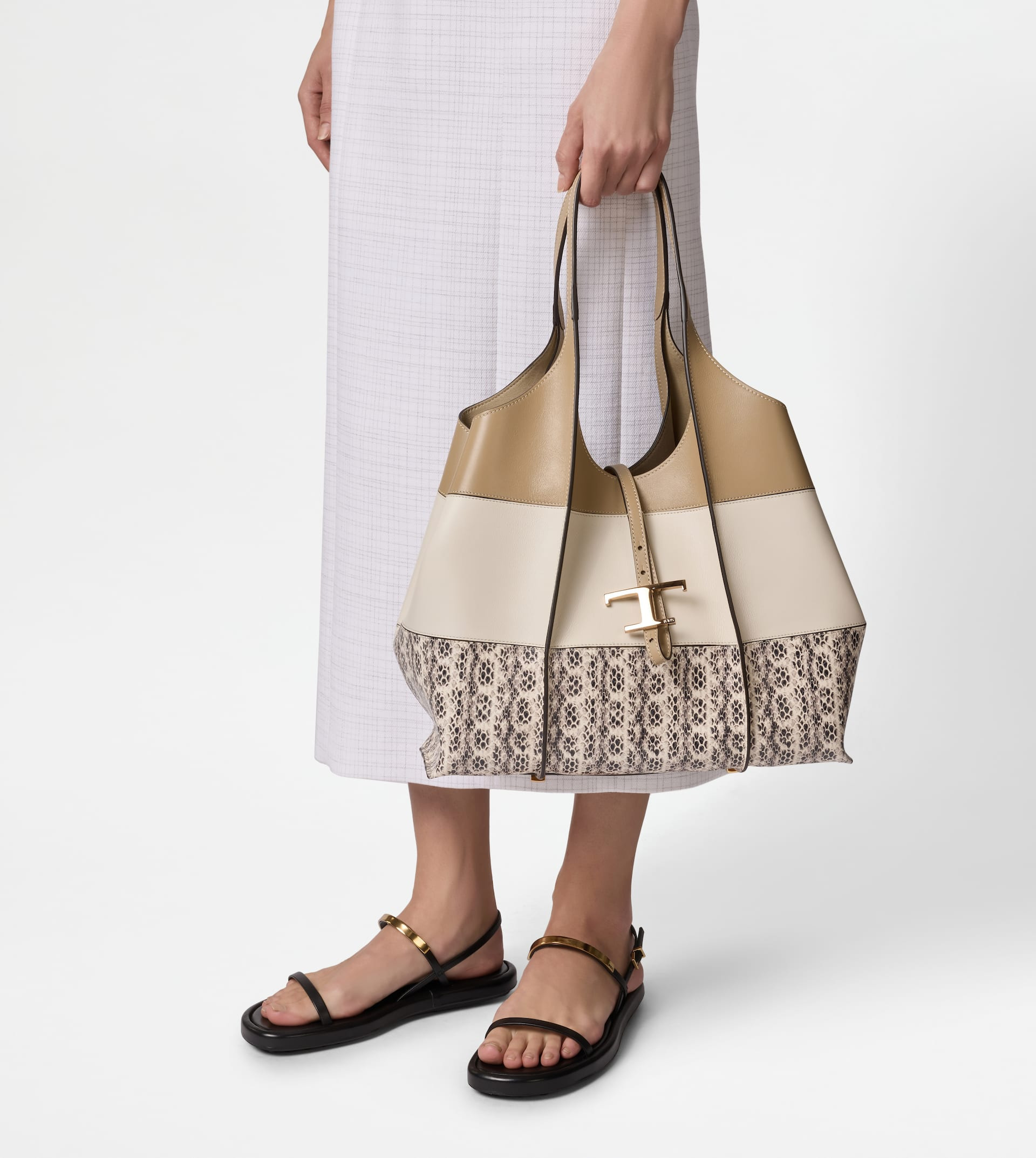T TIMELESS SHOPPING BAG IN RAFFIA AND LEATHER MEDIUM - BEIGE, WHITE, BROWN - 6