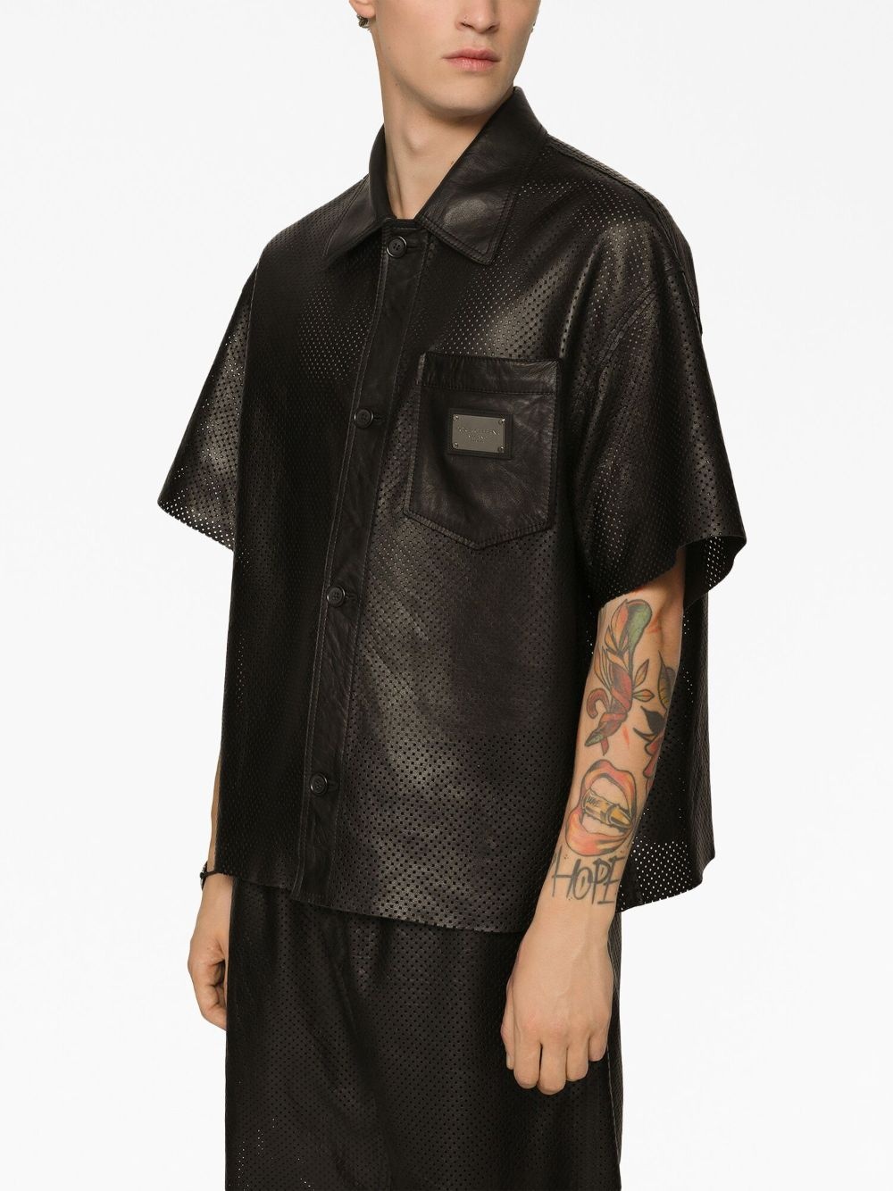logo-plaque leather shirt - 5