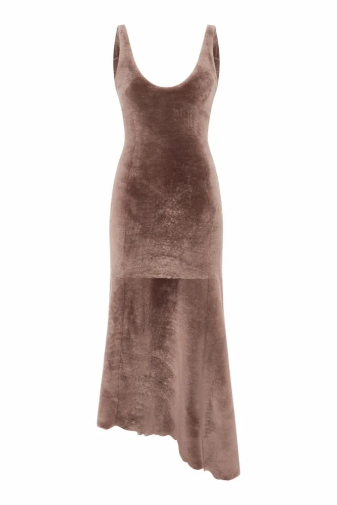Lyth Raw Cut Dress in Mocha Shearling - 1