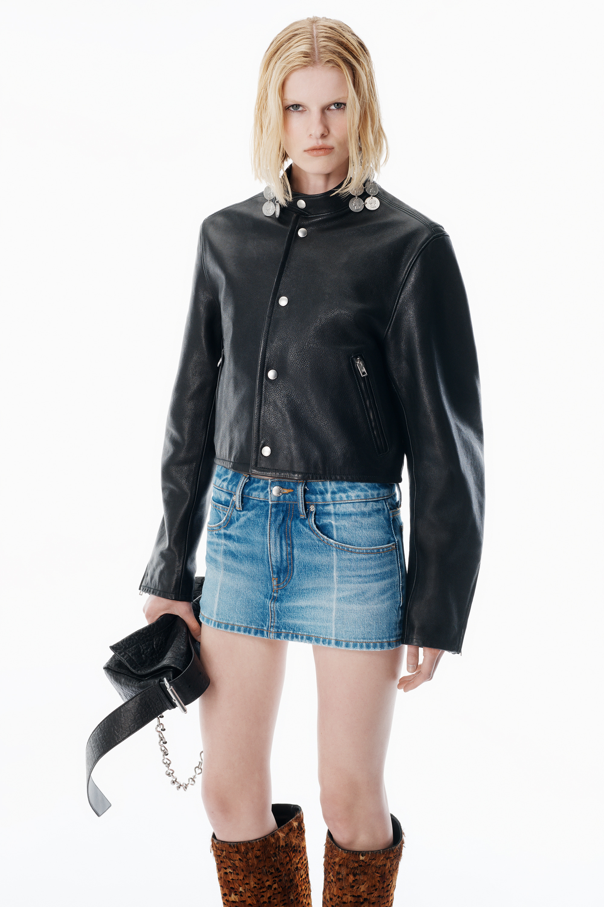 Vintage-Effect Marbled Blue Foldline Denim Skort - 3