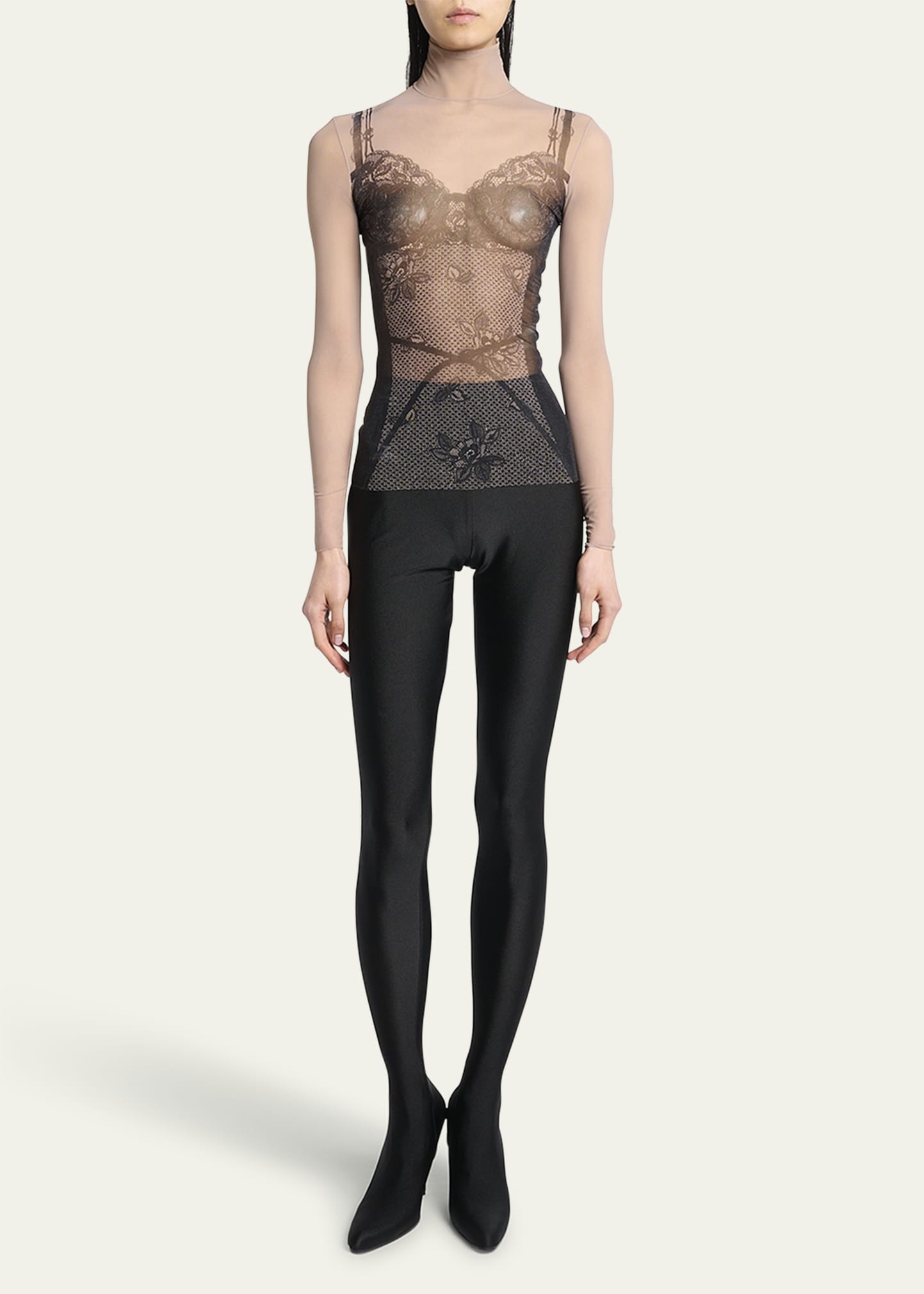 Lingerie Trompe L'oeil Mesh Turtleneck Top - 2