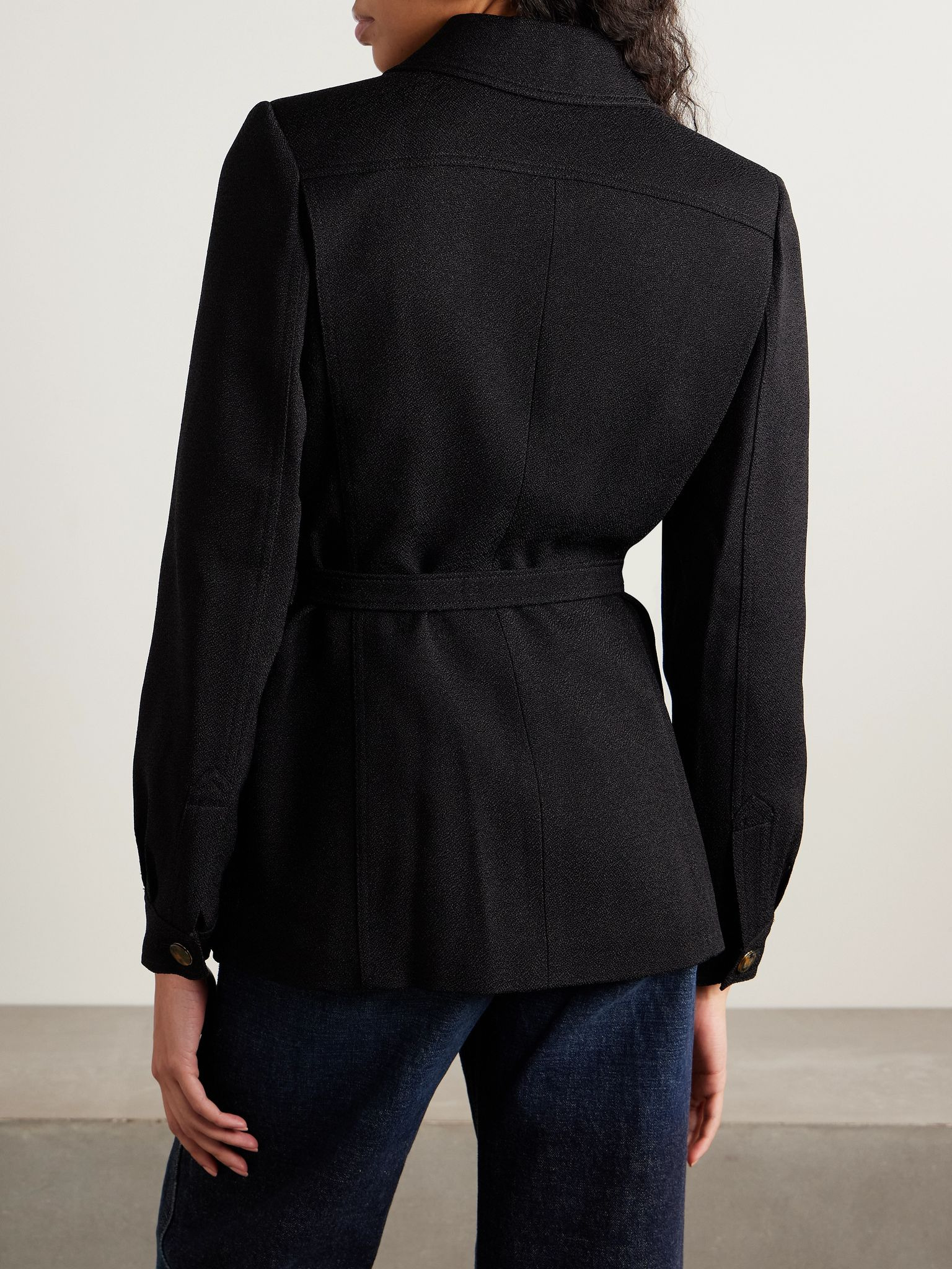 Luna belted velvet-trimmed crepe jacket Black - 3