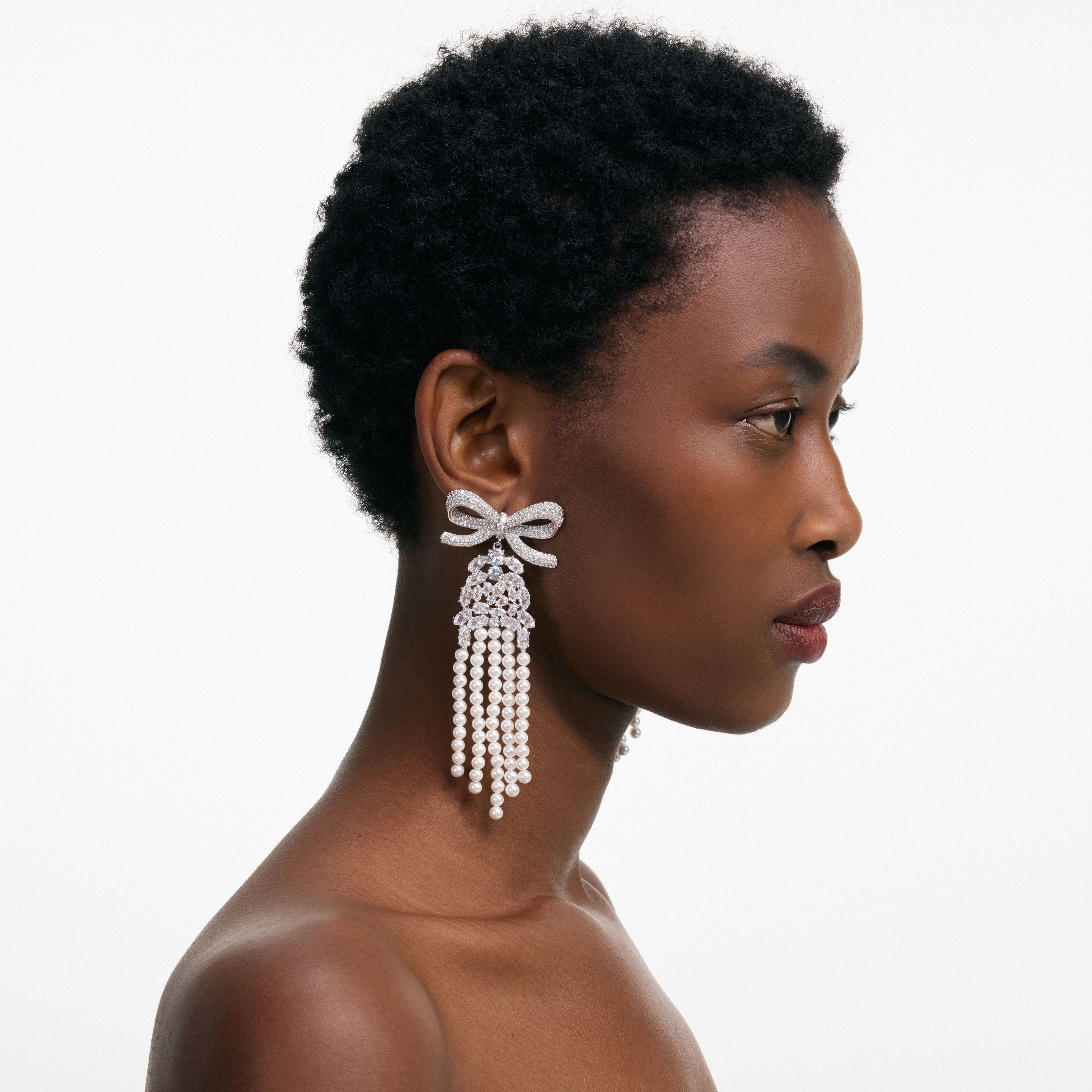 Crystal Bow Pearl Droplet Earrings - 3
