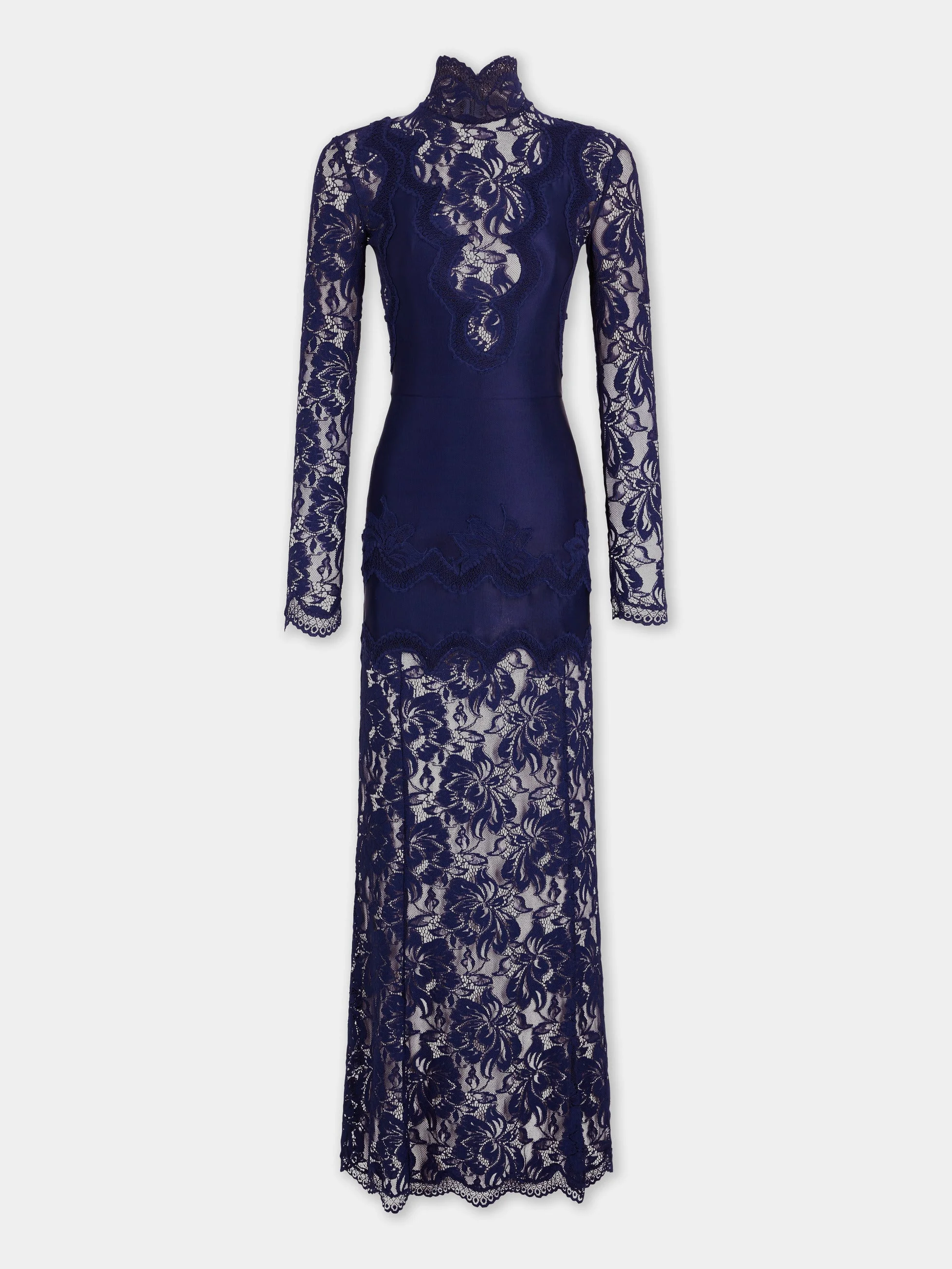 NAVY LONG DRESS IN LACE AND JERSEY - 1