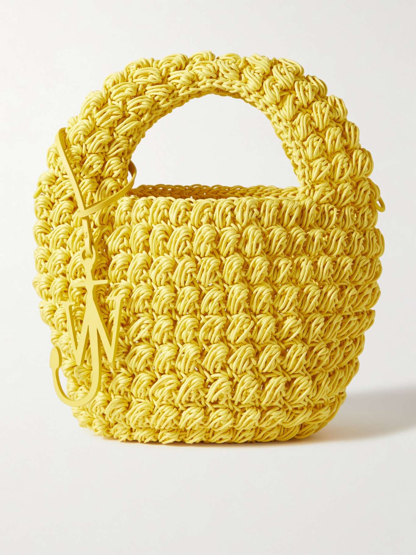 Popcorn Basket leather-trimmed crocheted waxed-cotton tote - 1