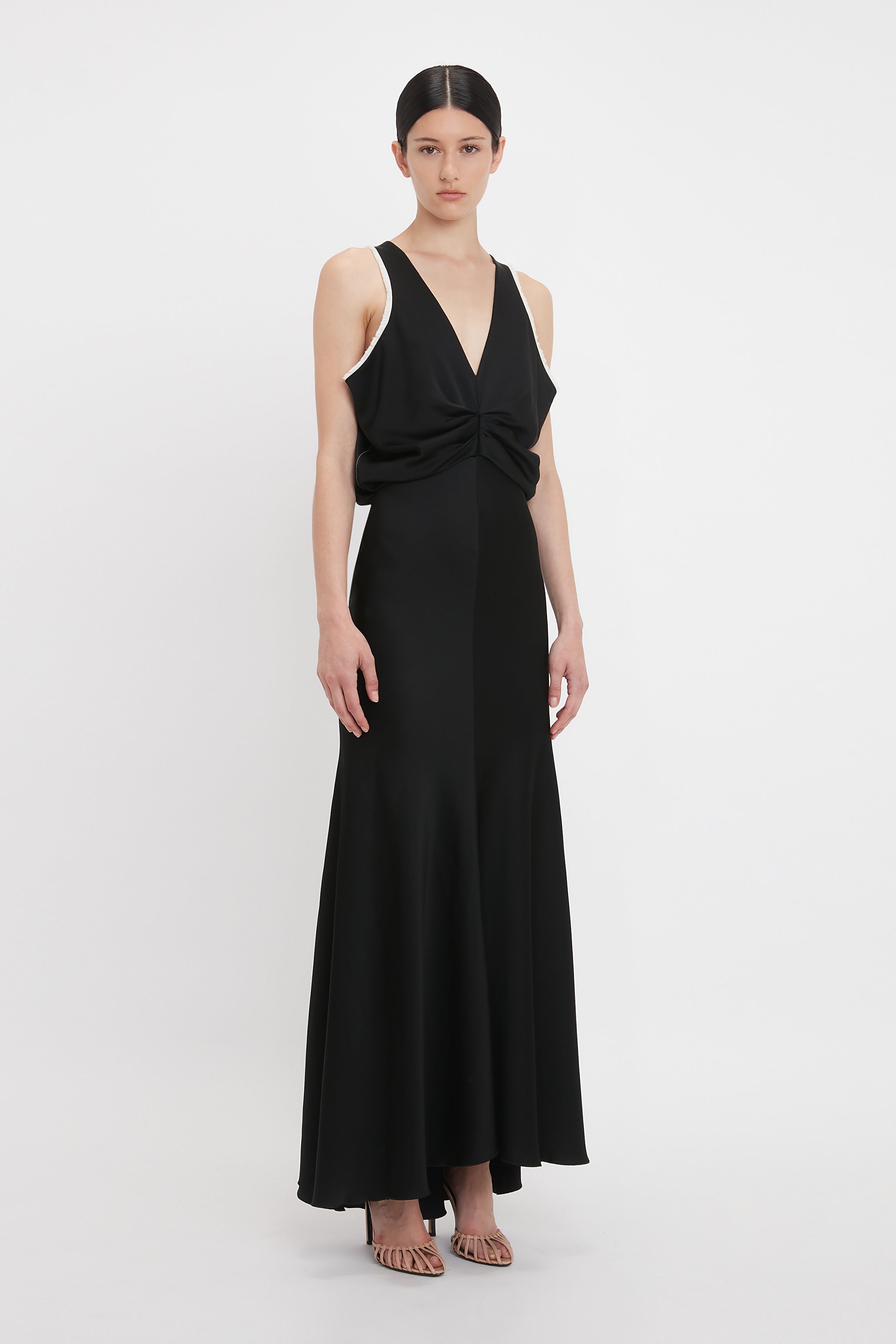 Draped Armhole Detail V-Neck Gown In Black - 3