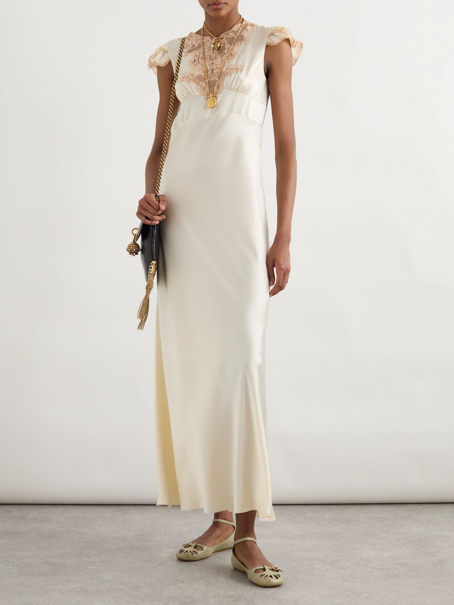Corded lace-trimmed silk-satin midi dress Cream - 2