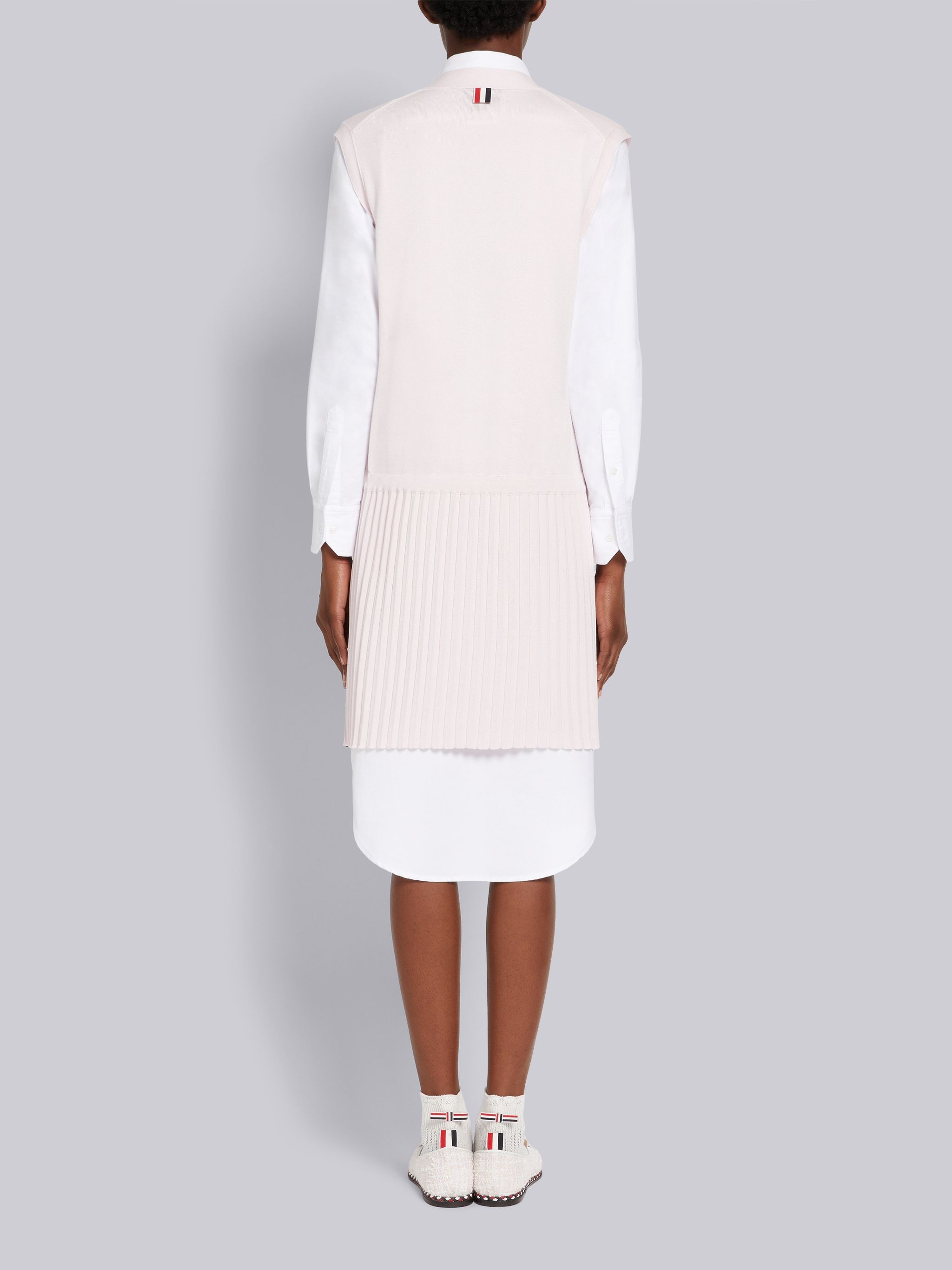 Light Pink Stretch Silk Cotton Jersey 4-Bar Trim Pleated Bottom Mini Vest Dress - 3