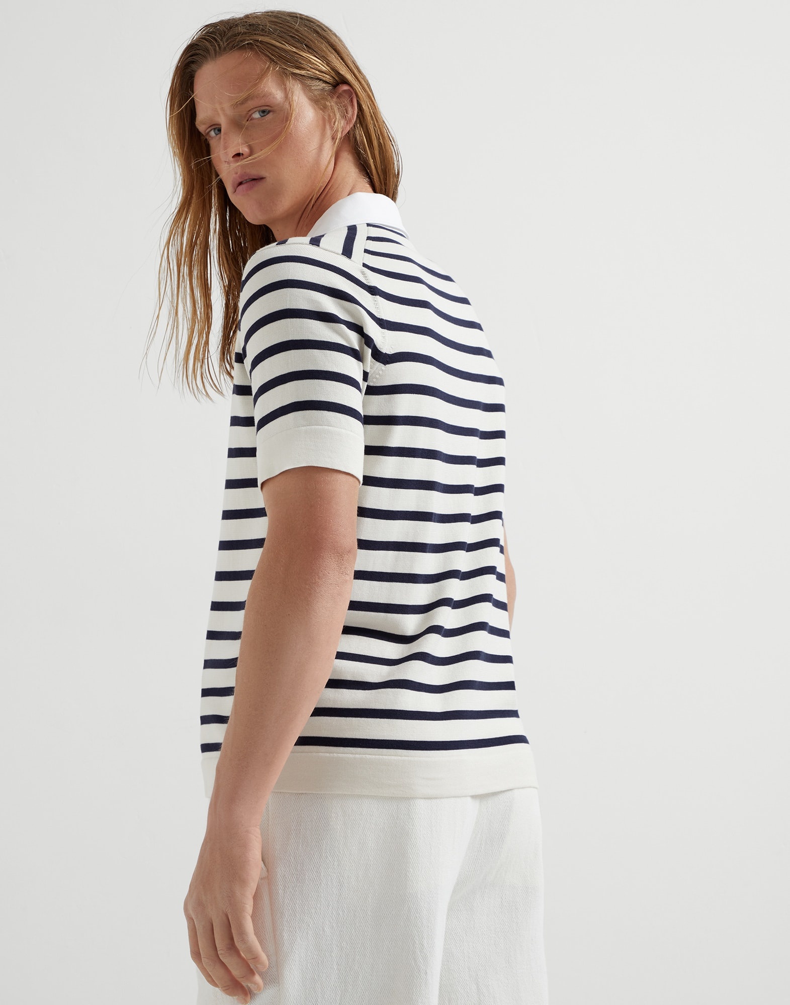 Cotton striped knit polo shirt with twill collar - 2