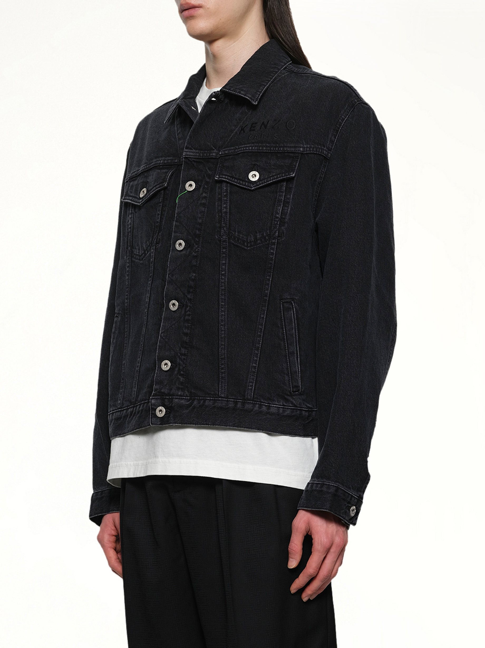 Boke Flower Trucker Jacket in Stone Bleached Black Denim - 3