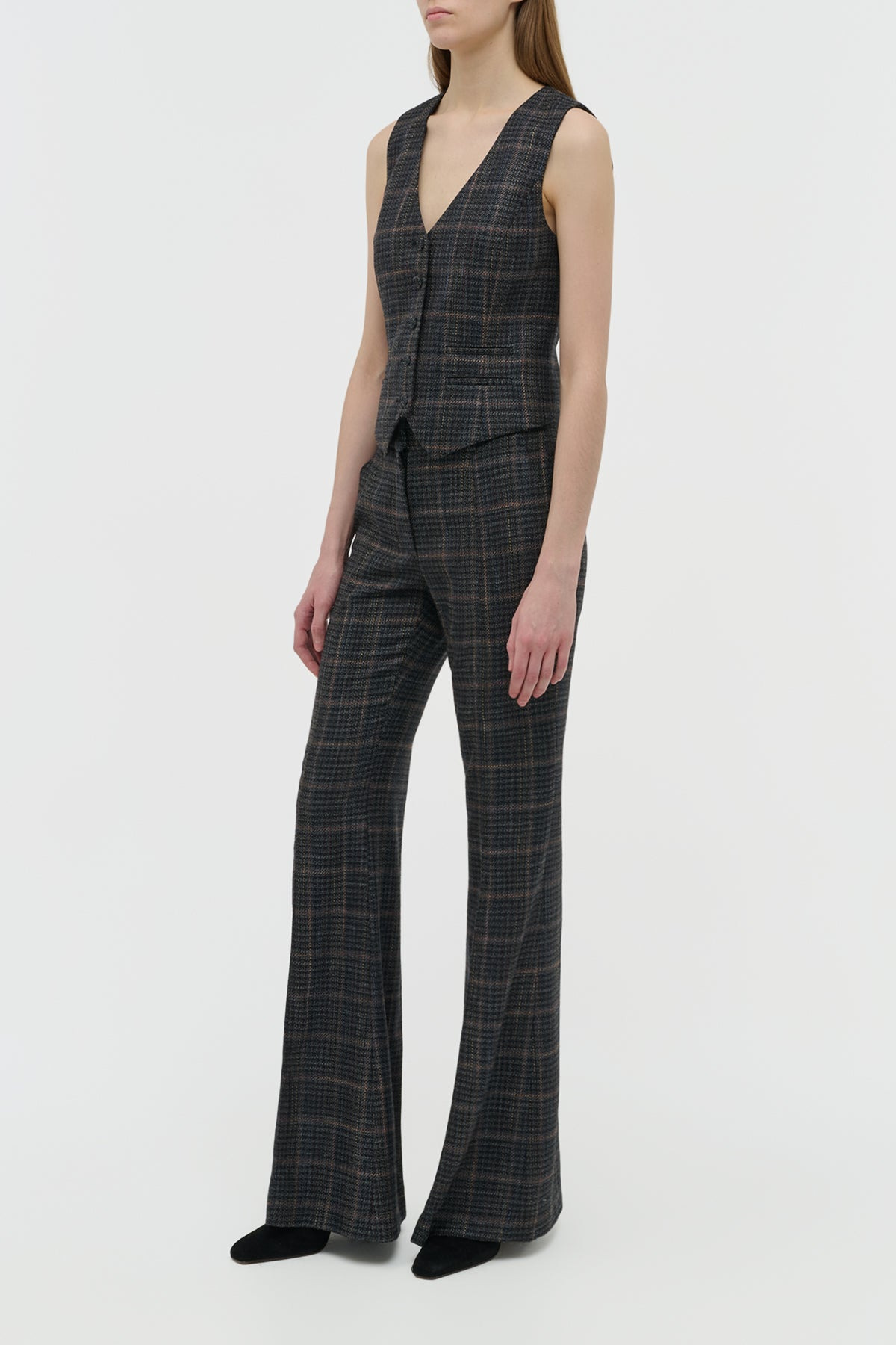 Rhein Flare Pant in Charcoal Multi Wool Silk Clubcheck Plaid - 3