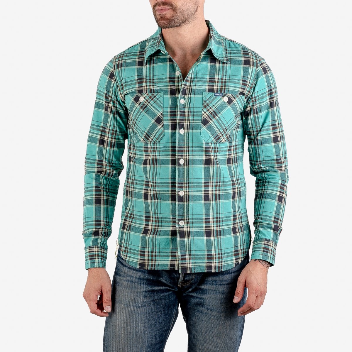 IHSH-356-GRN 5oz Selvedge Madras Check Work Shirt - Green - 2