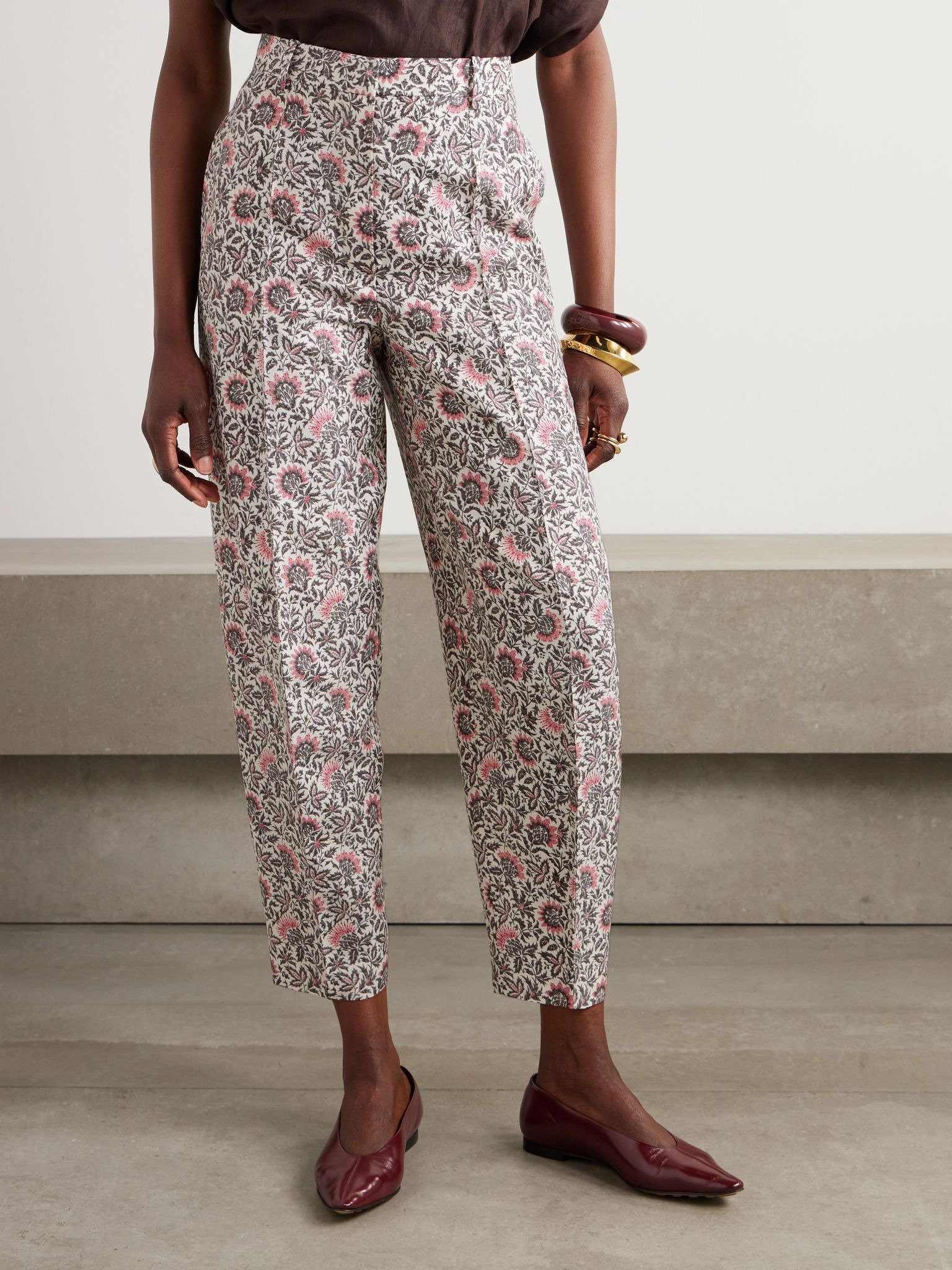 Dan floral-print silk tapered pants Cream - 3