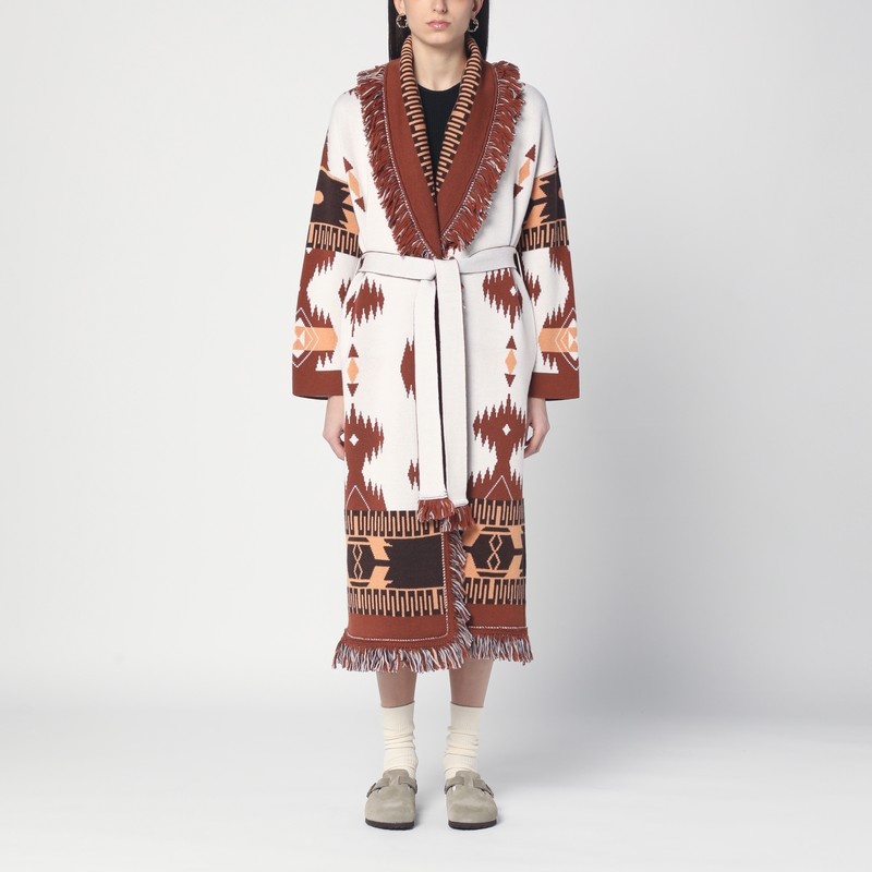 Long cardigan Icon Jacquard white/brown - 1