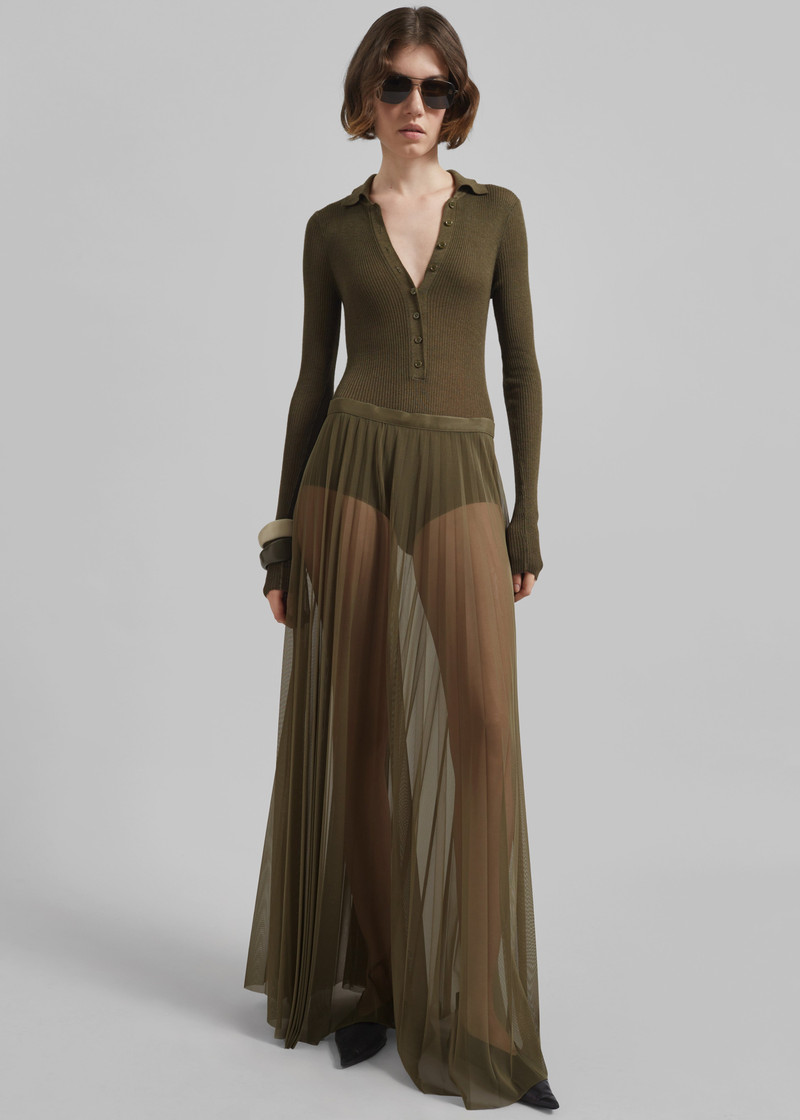 Vallen Pleated Mesh Maxi Skirt - Khaki 7