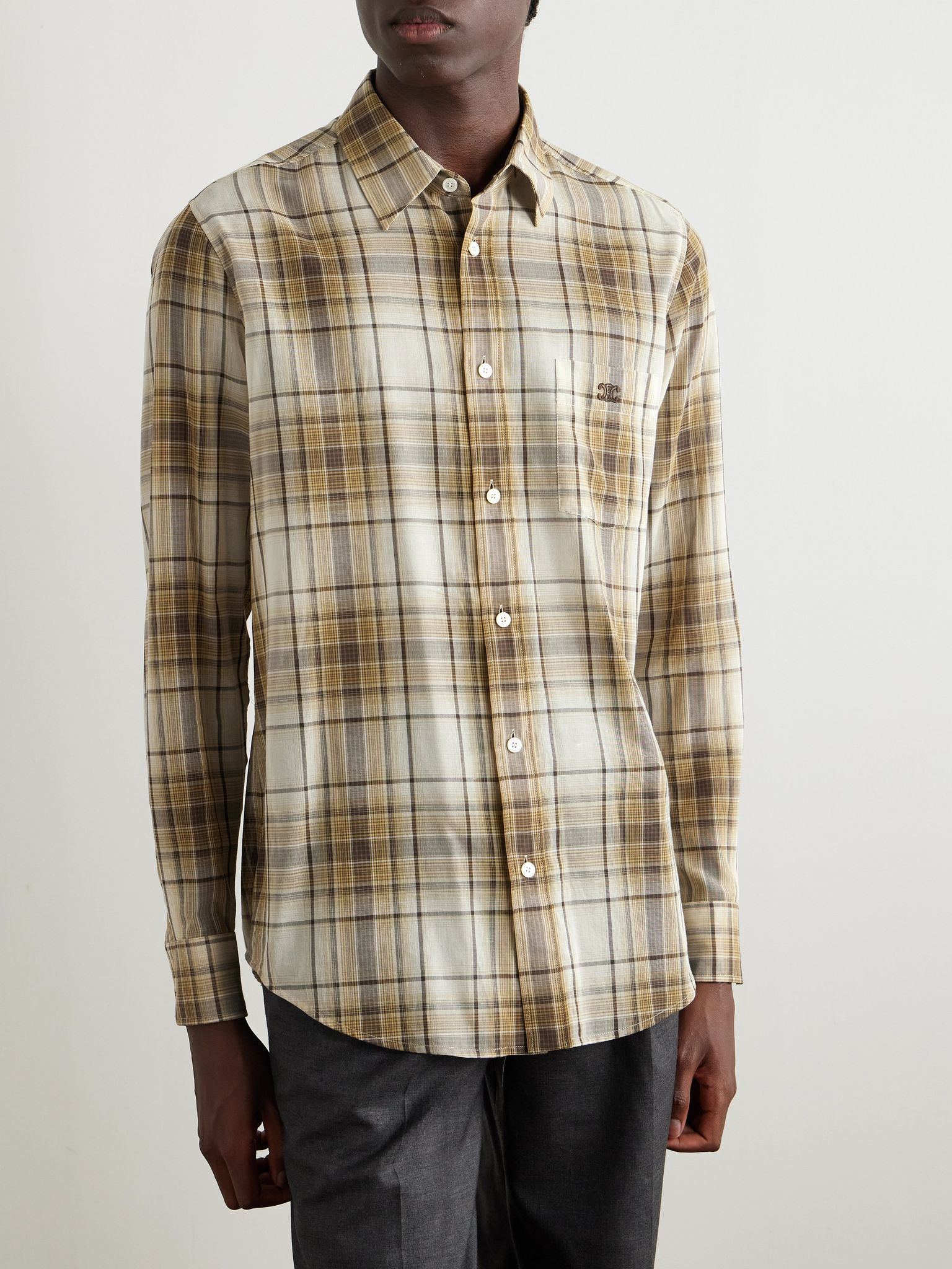 Logo-Embroidered Checked Cotton Shirt Beige - 3