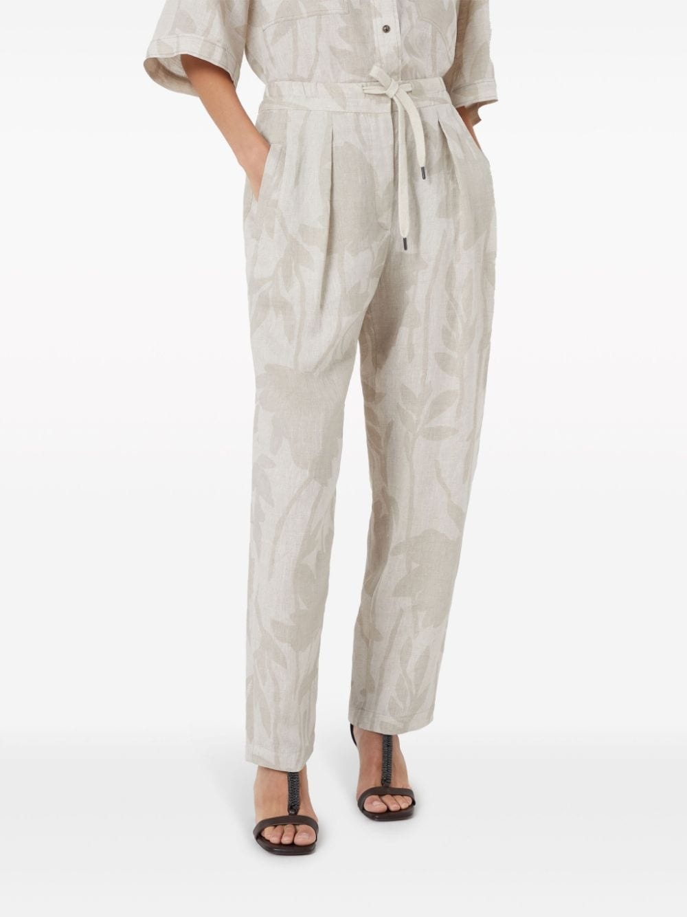 floral-jacquard linen tapered trousers - 3