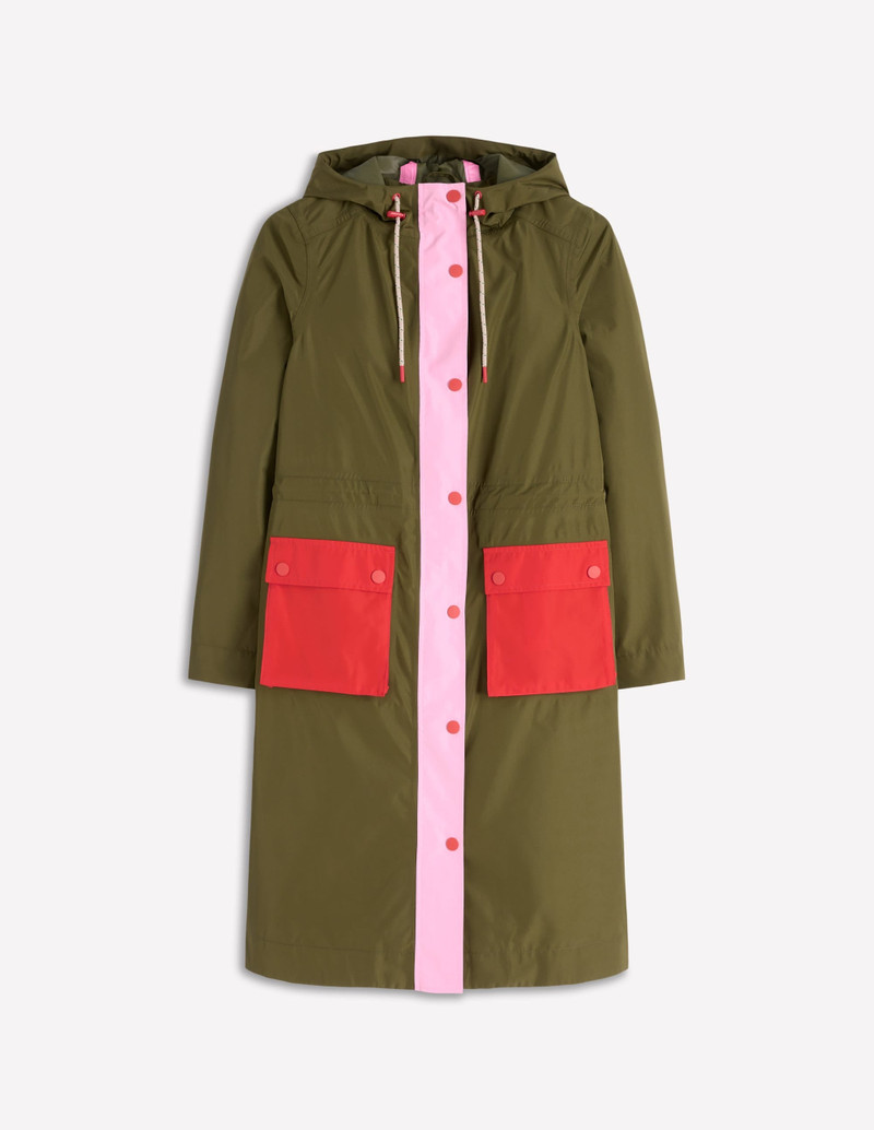 Longline Rain Mac-Khaki Colourblock 1