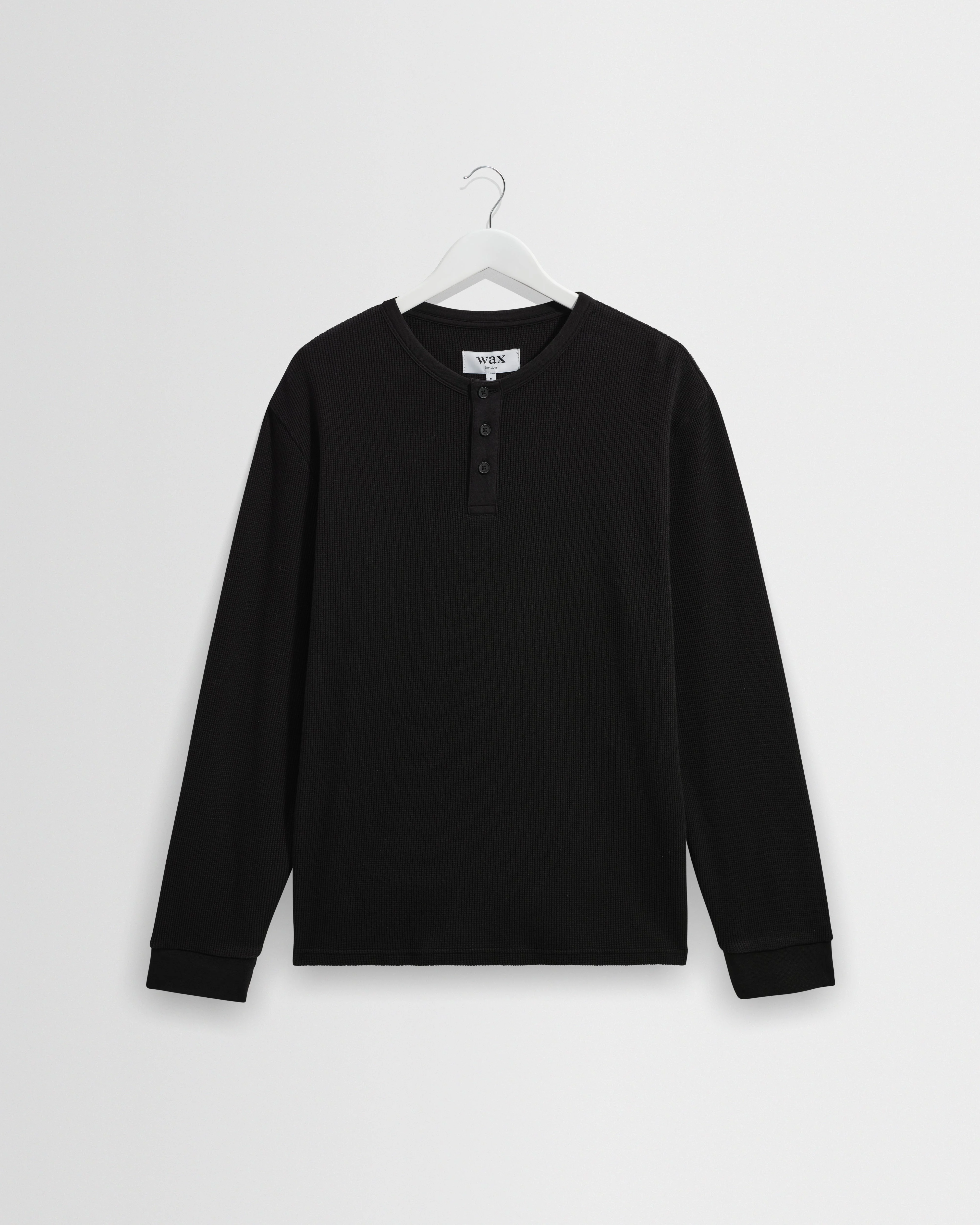 Caleb - Washed Black Waffle Cotton Henley Long-Sleeve T-Shirt - 1
