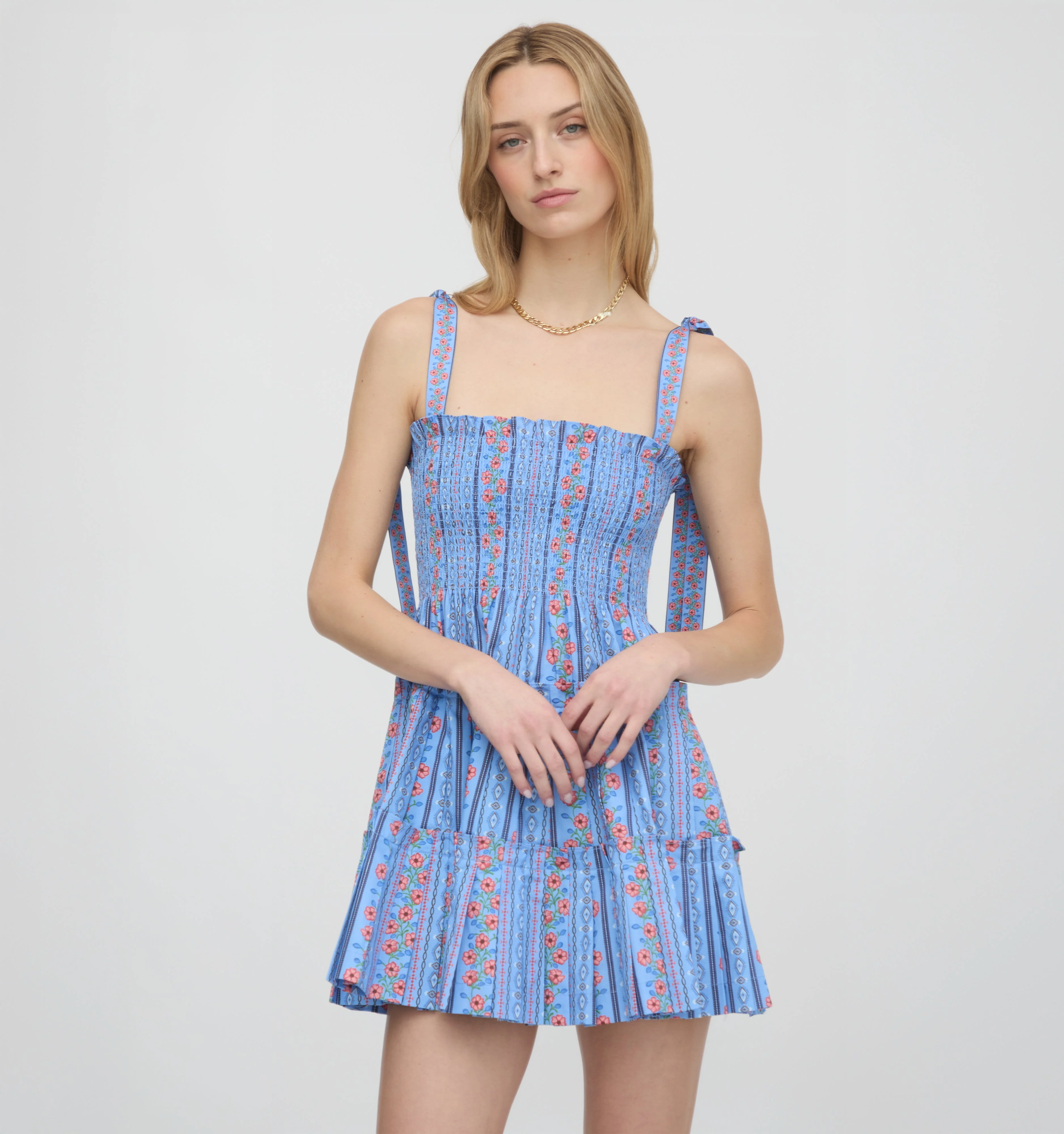 The Ribbon Charlotte Nap Dress - Blue Floral Batik Stripe - 1