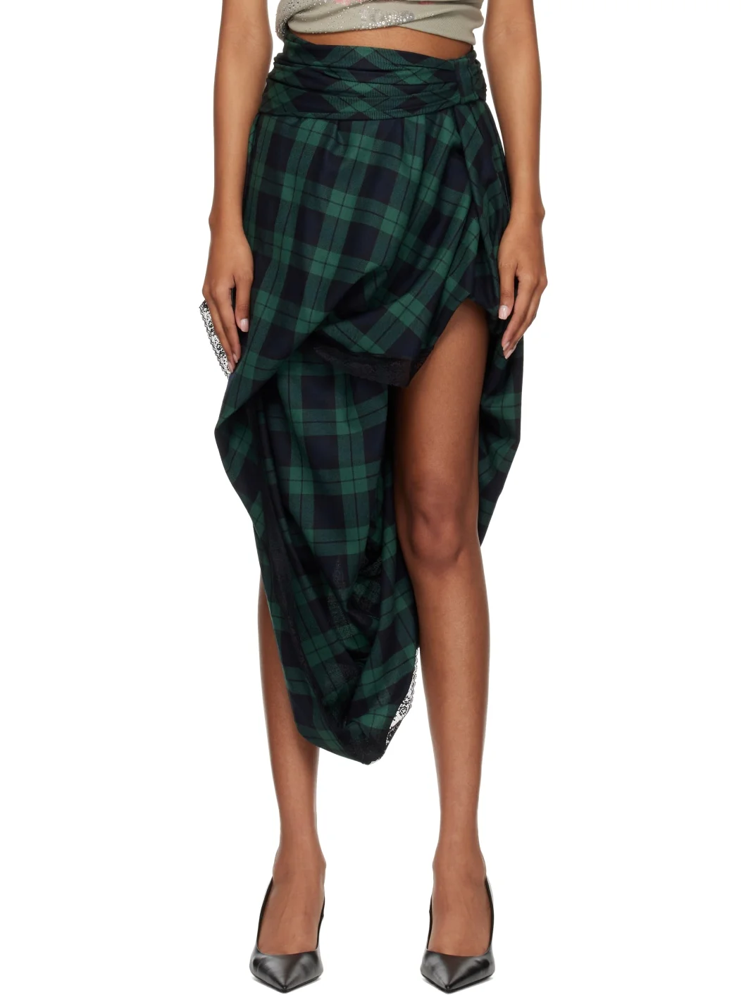 Green & Navy Lace Trim Draped Tartan Midi Skirt - 1