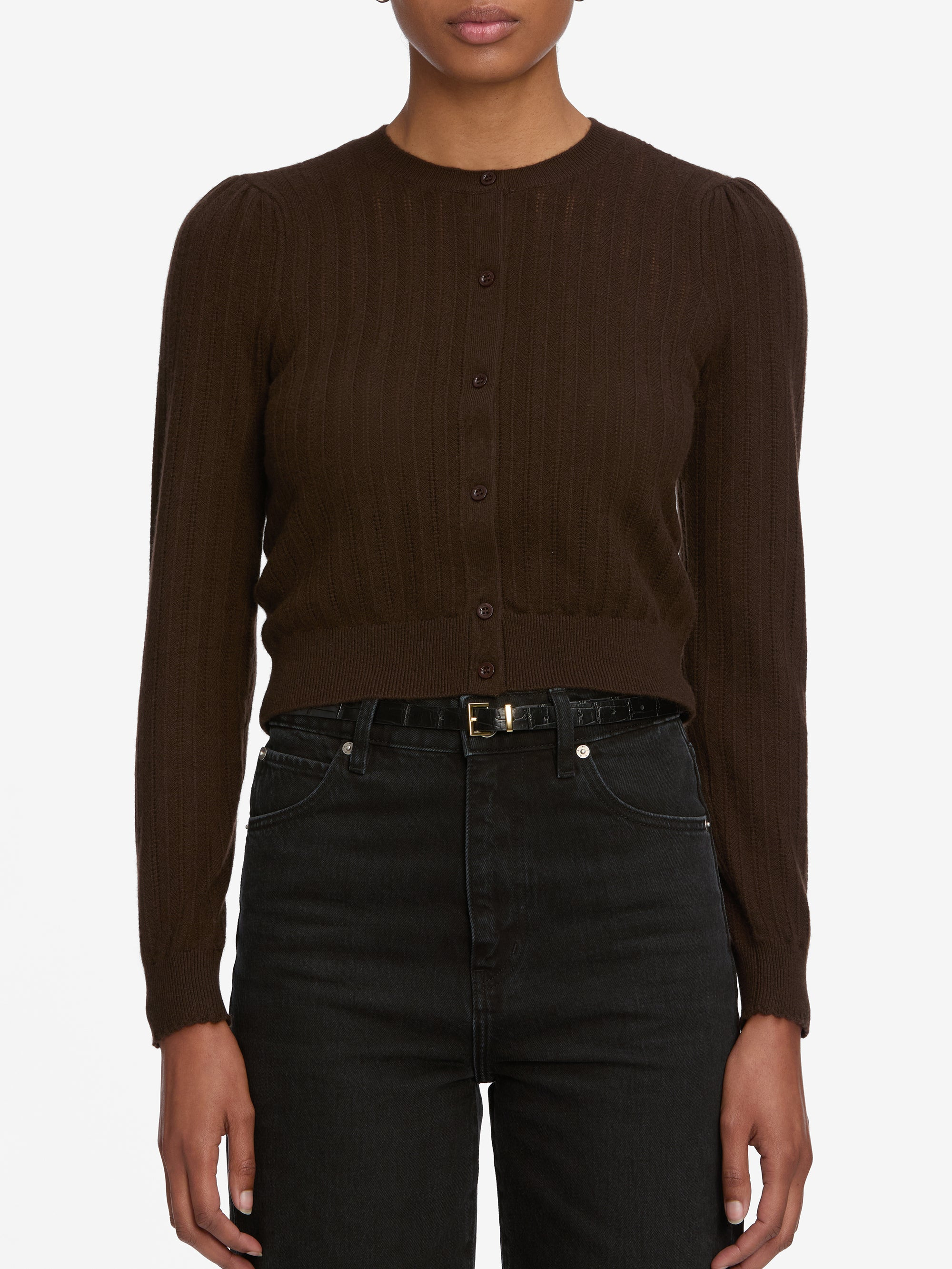 The Ladder Pointelle Cardi in Coffee - 3