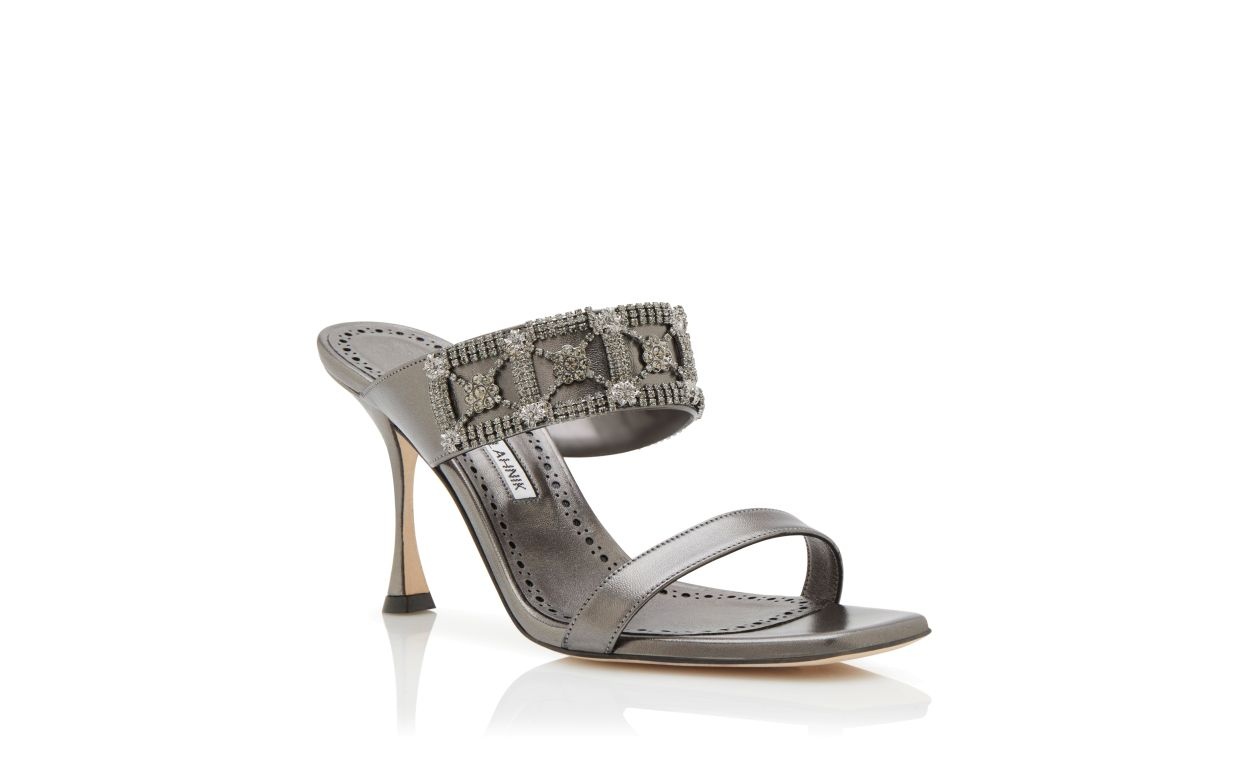 Grey Nappa Leather Embellished Mules - 3